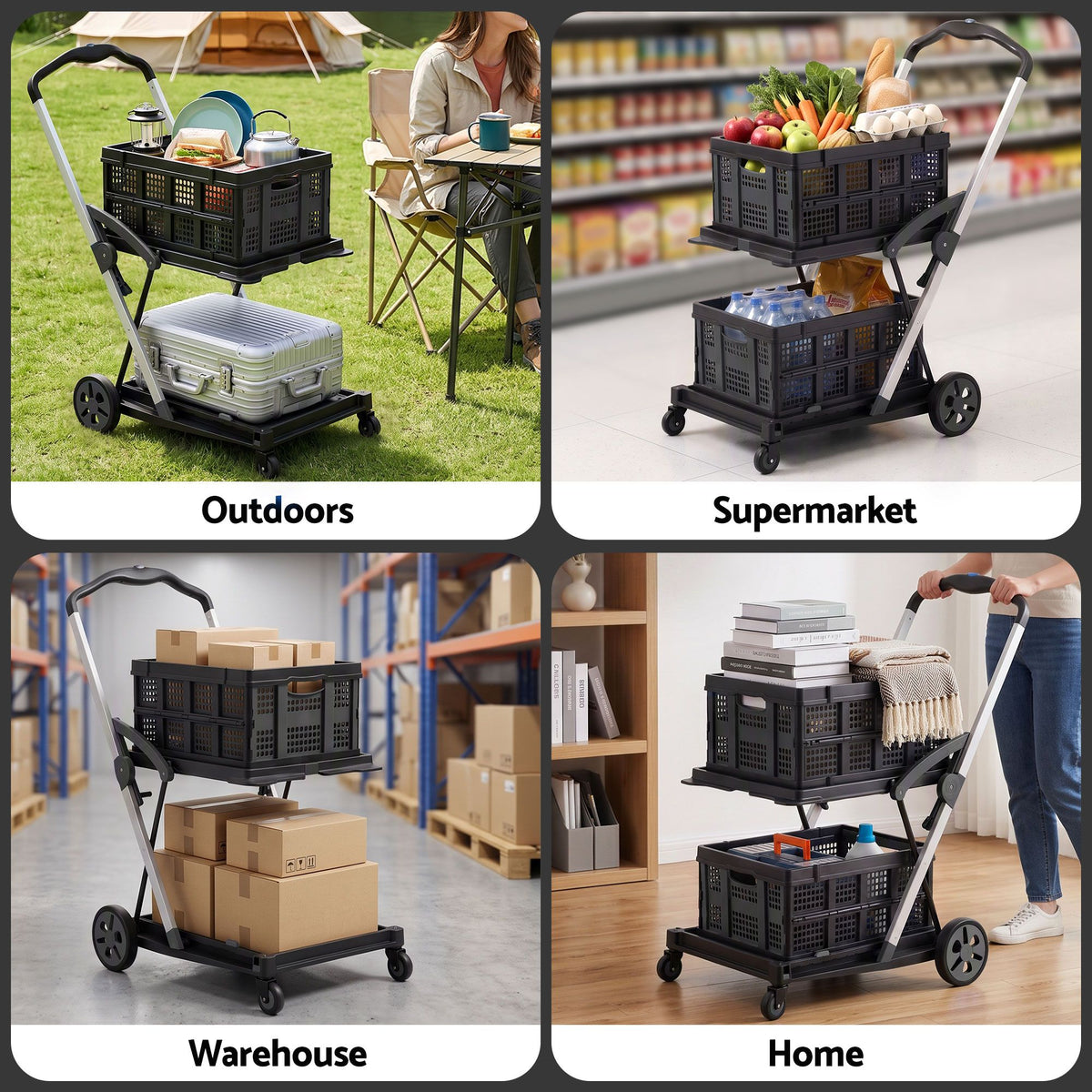 Shopping Trolley with Wheels 2 Layer w/2 Crates Foldable Trolley Black