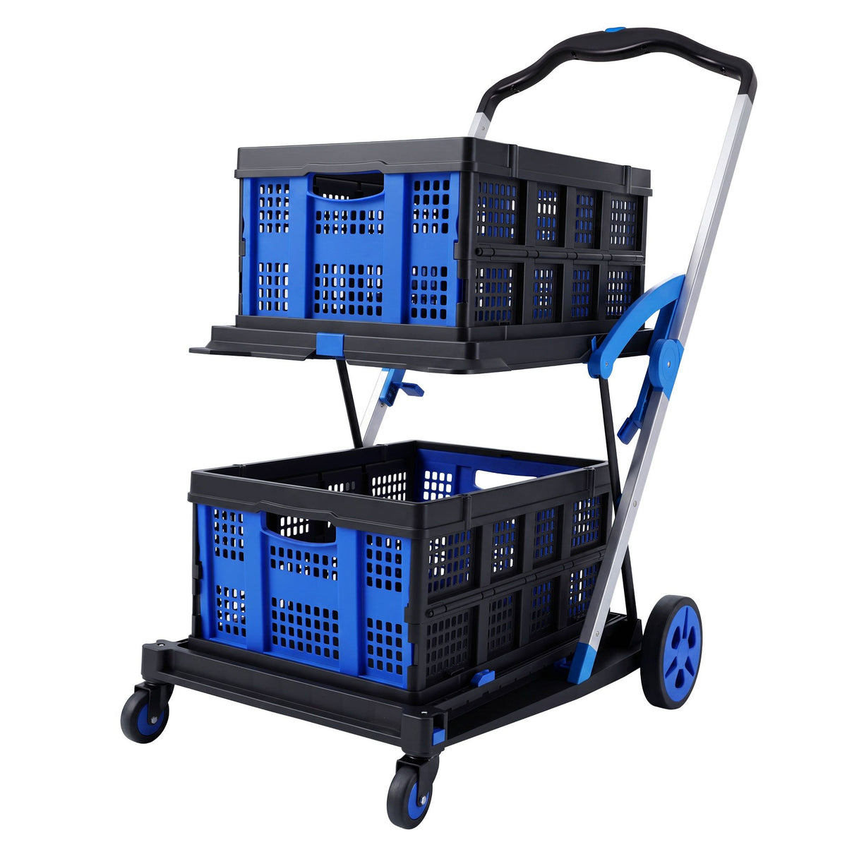 Shopping Trolley with Wheels 2 Layer w/2 Crates Foldable Trolley Blue