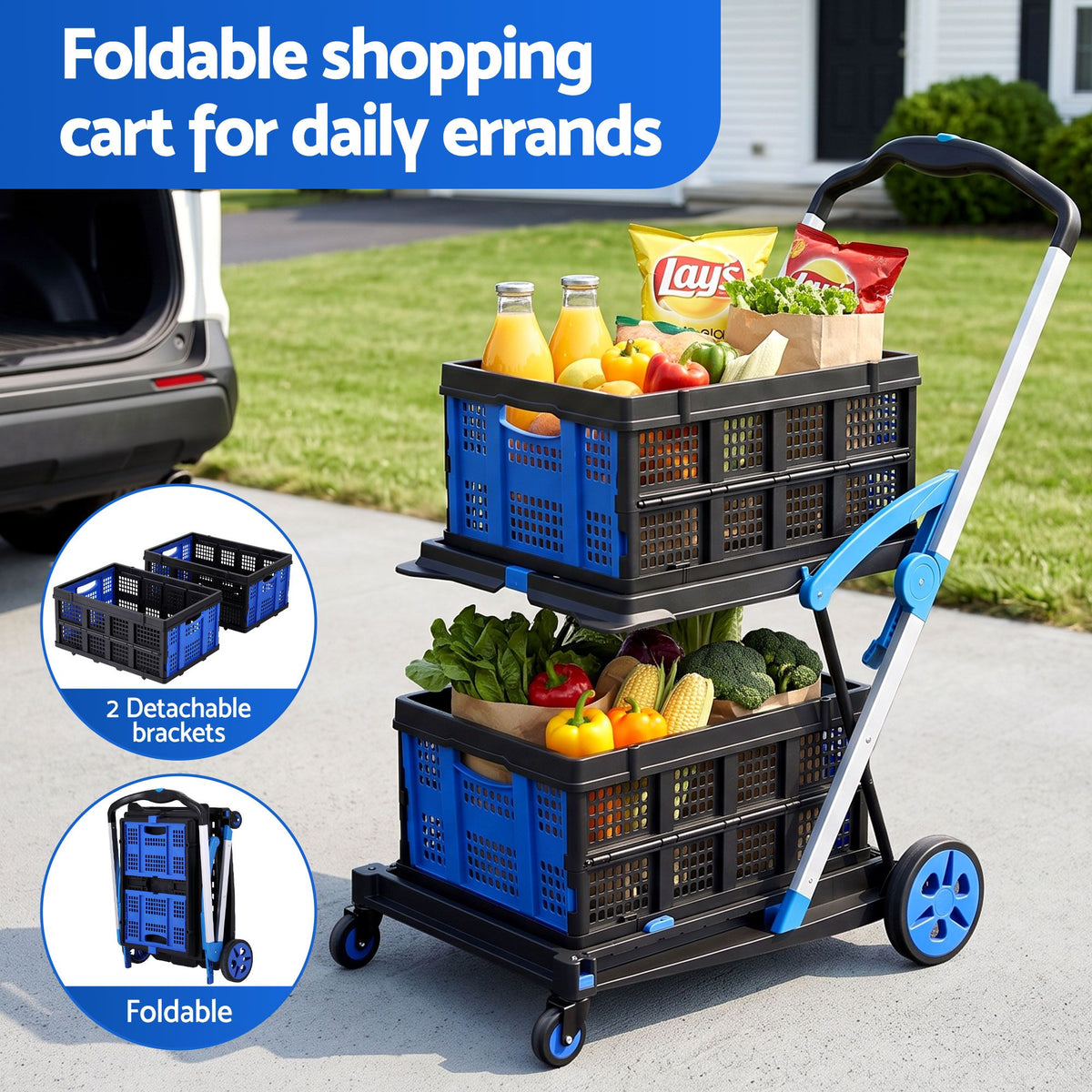 Shopping Trolley with Wheels 2 Layer w/2 Crates Foldable Trolley Blue