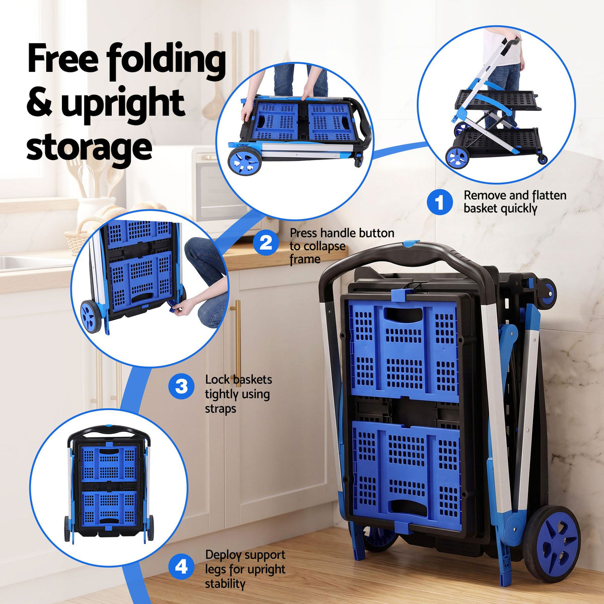 Shopping Trolley with Wheels 2 Layer w/2 Crates Foldable Trolley Blue