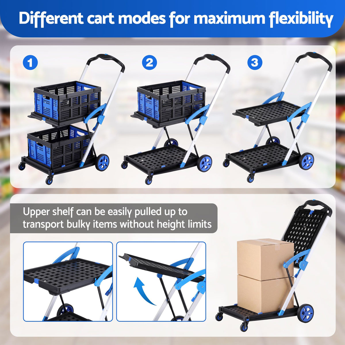 Shopping Trolley with Wheels 2 Layer w/2 Crates Foldable Trolley Blue