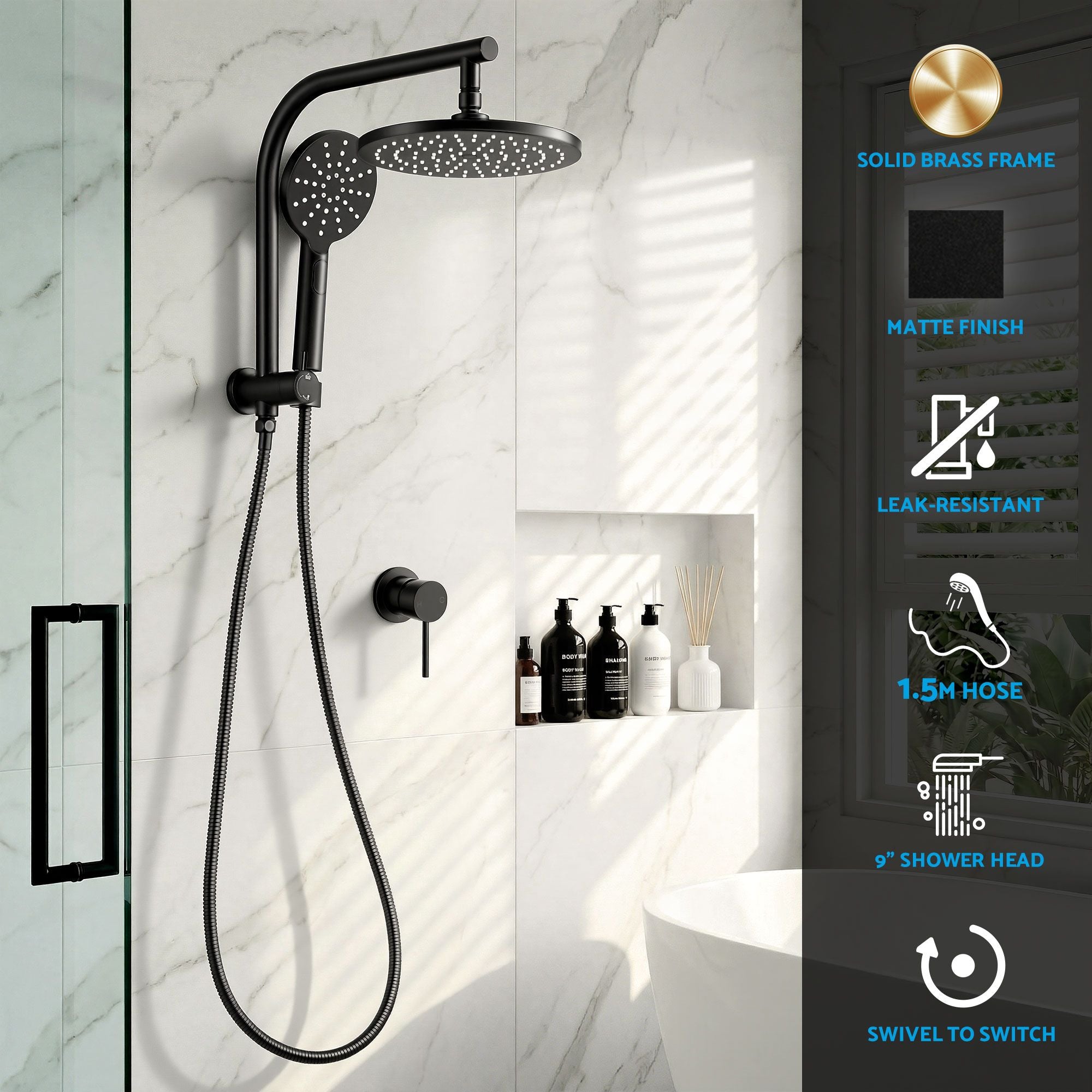9'' Rain Shower Head Set Handheld Round High Pressure Mixer Tap Chrome