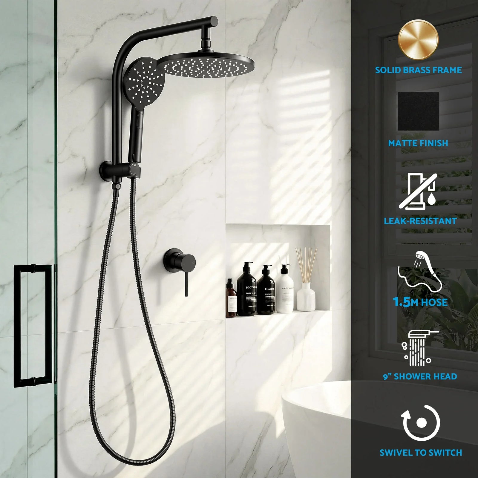 9'' Rain Shower Head Set Handheld Round High Pressure Mixer Tap Chrome