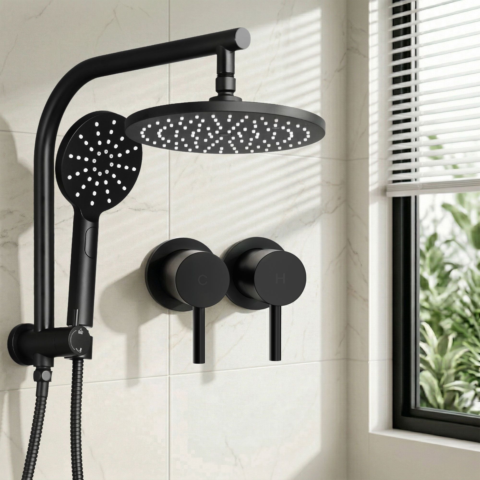9'' Rain Shower Head Set Handheld Round High Pressure Twins Tap Chrome