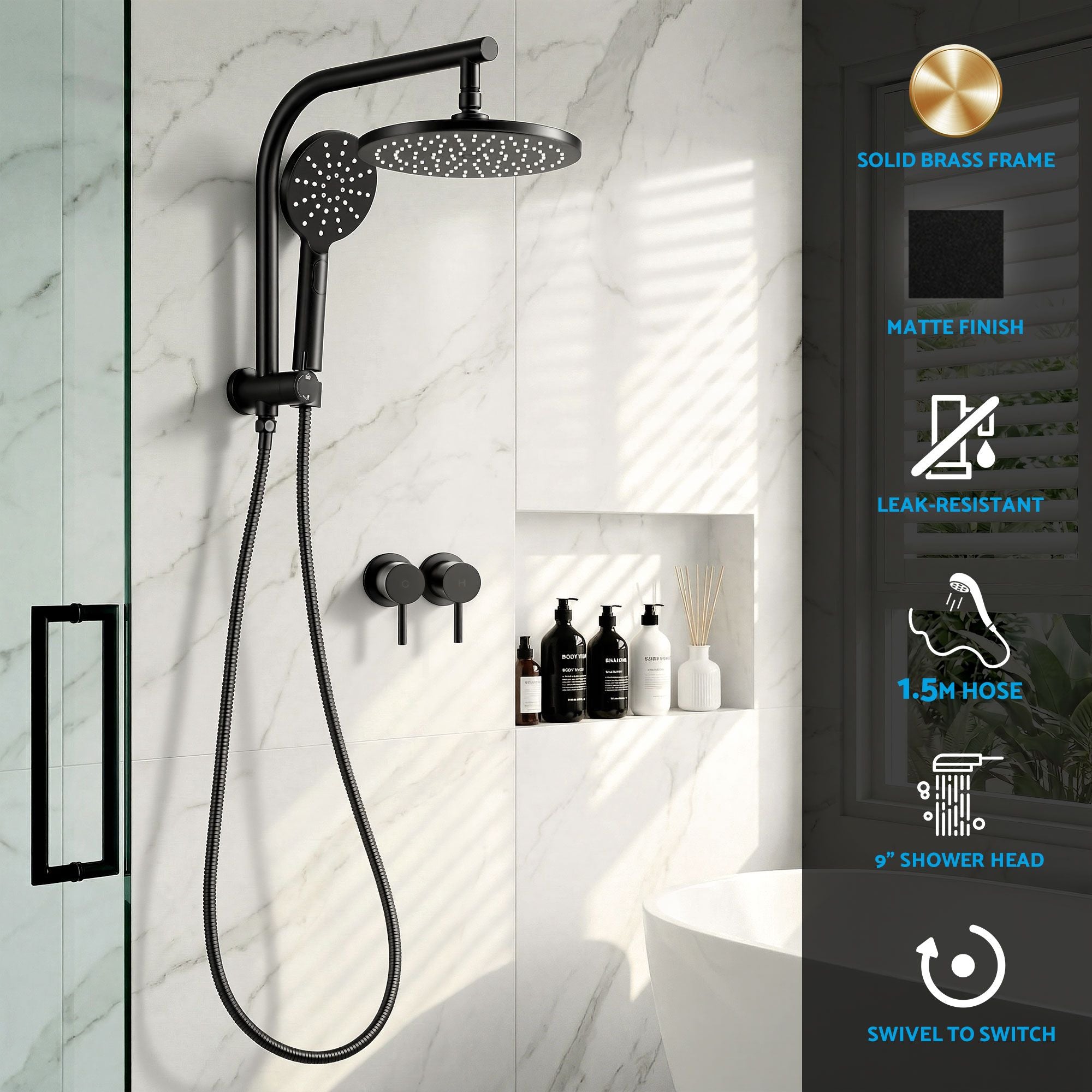 9'' Rain Shower Head Set Handheld Round High Pressure Twins Tap Chrome