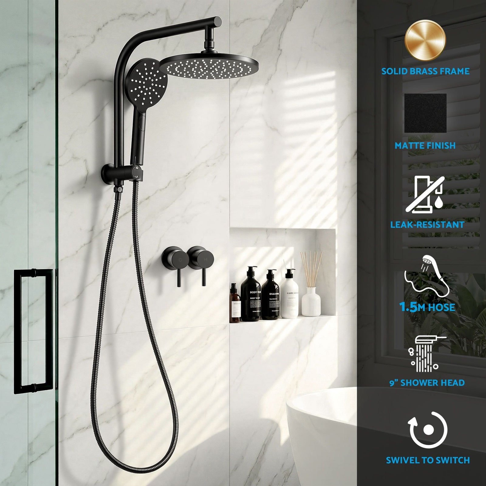 9'' Rain Shower Head Set Handheld Round High Pressure Twins Tap Chrome