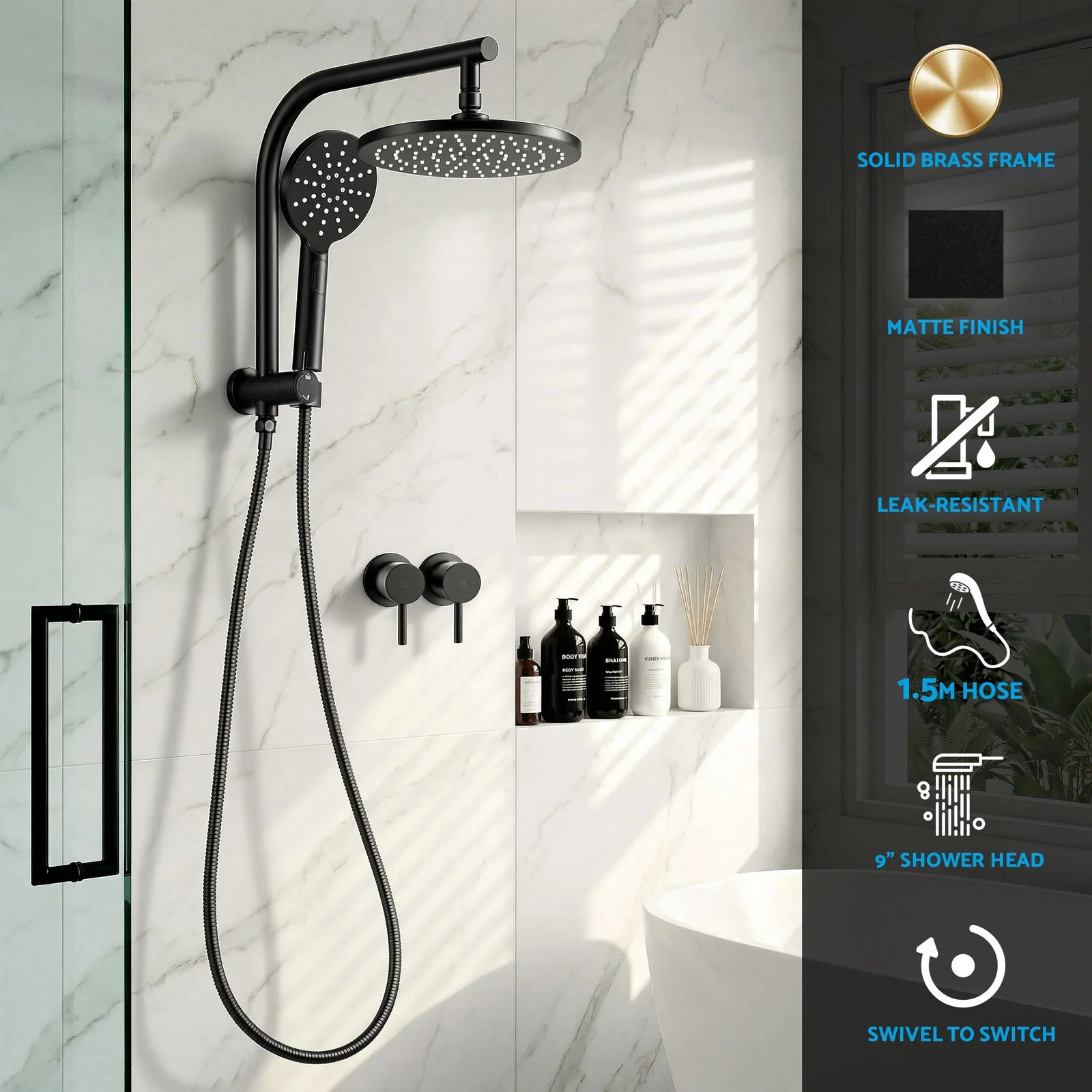 9'' Rain Shower Head Set Handheld Round High Pressure Twins Tap Chrome