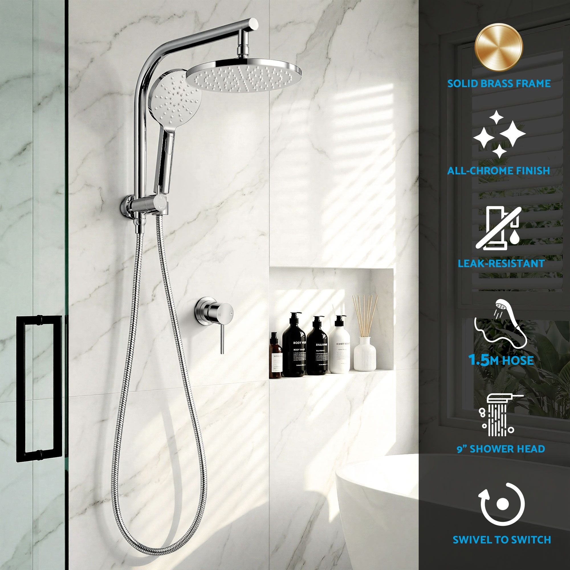 9'' Rain Shower Head Set Handheld Round High Pressure Mixer Tap Chrome