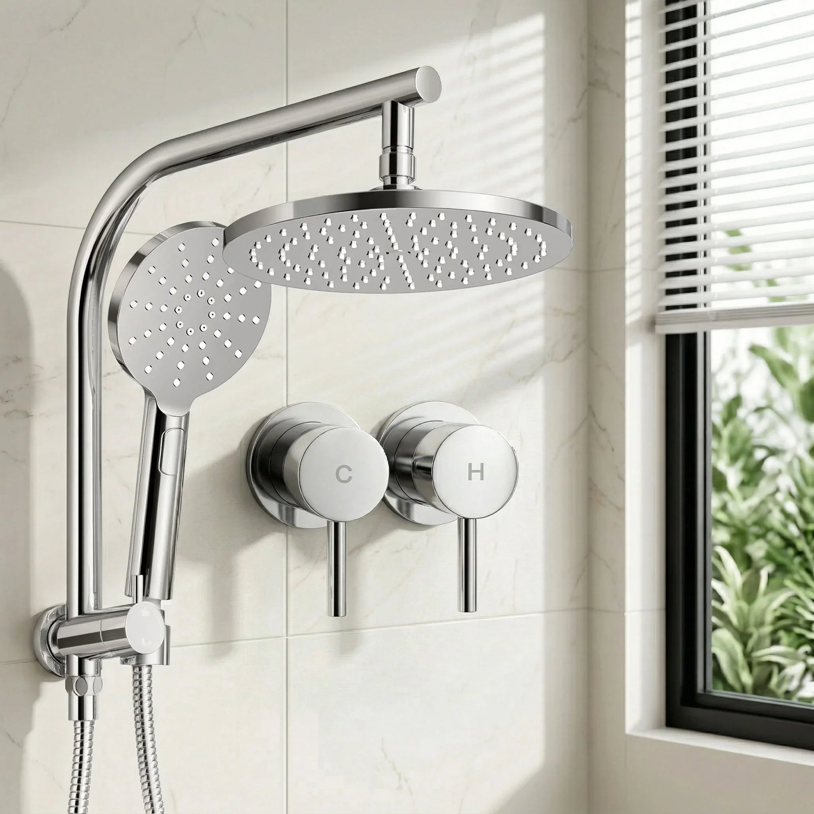 9'' Rain Shower Head Set Handheld Round High Pressure Twins Tap Chrome