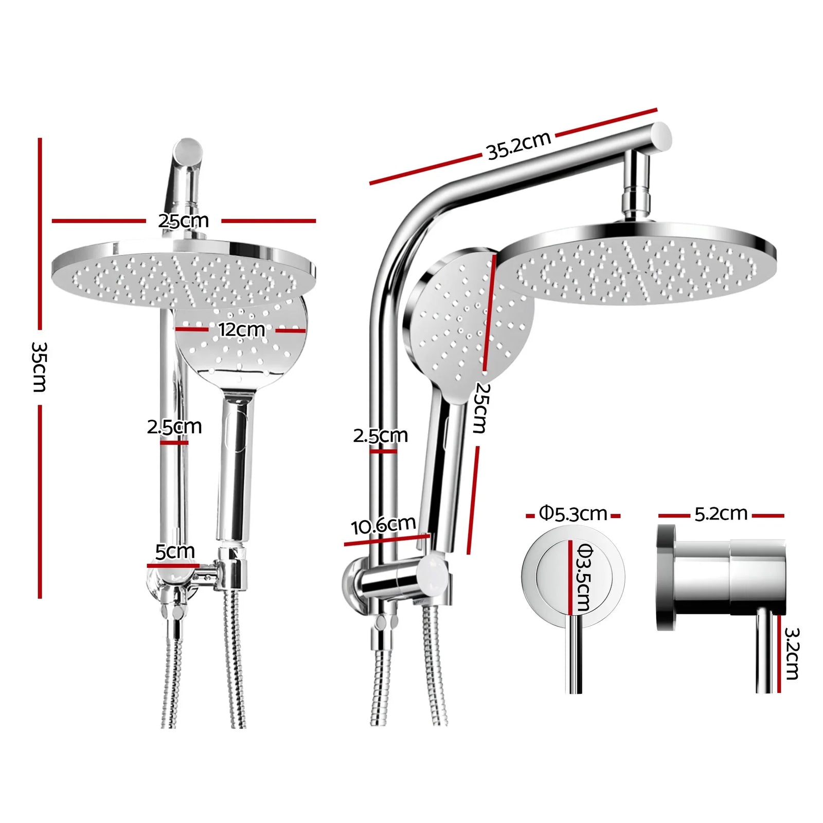 9'' Rain Shower Head Set Handheld Round High Pressure Twins Tap Chrome