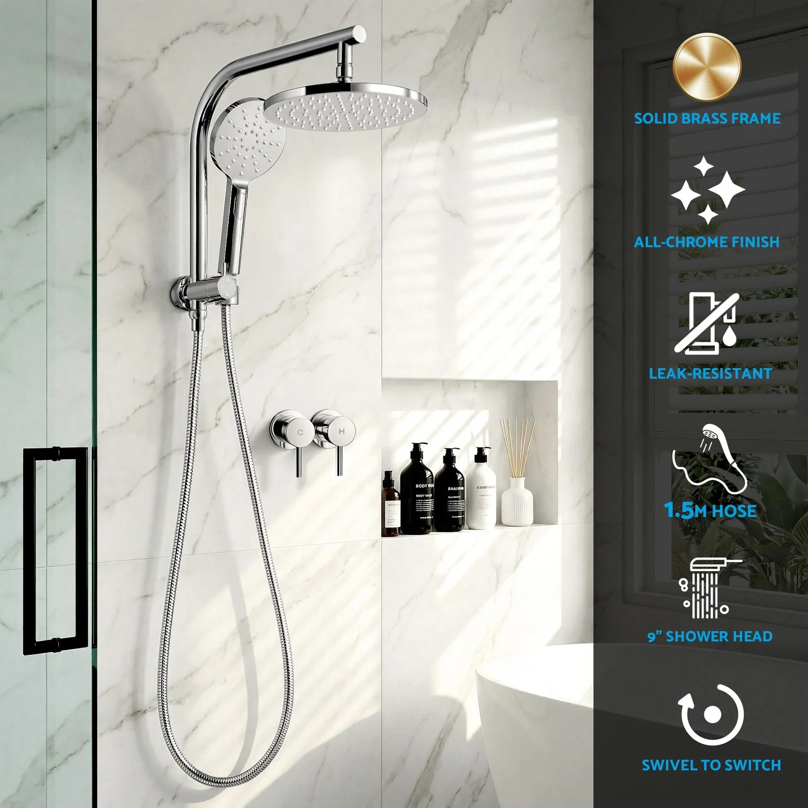 9'' Rain Shower Head Set Handheld Round High Pressure Twins Tap Chrome