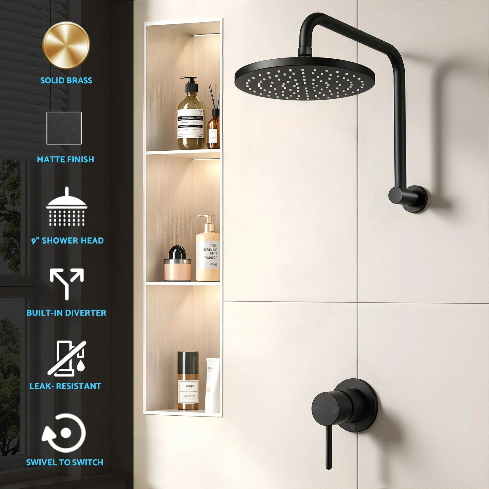9'' Rain Overhead Swivel Shower Head with Wall Bathroom Mixer