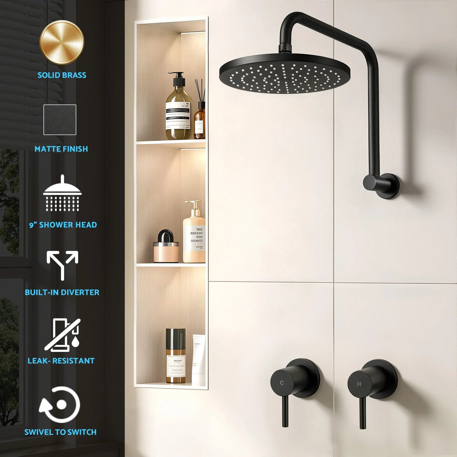 9'' Rain Overhead Swivel Shower Head with Wall Twin Swivel Bathroom Tap