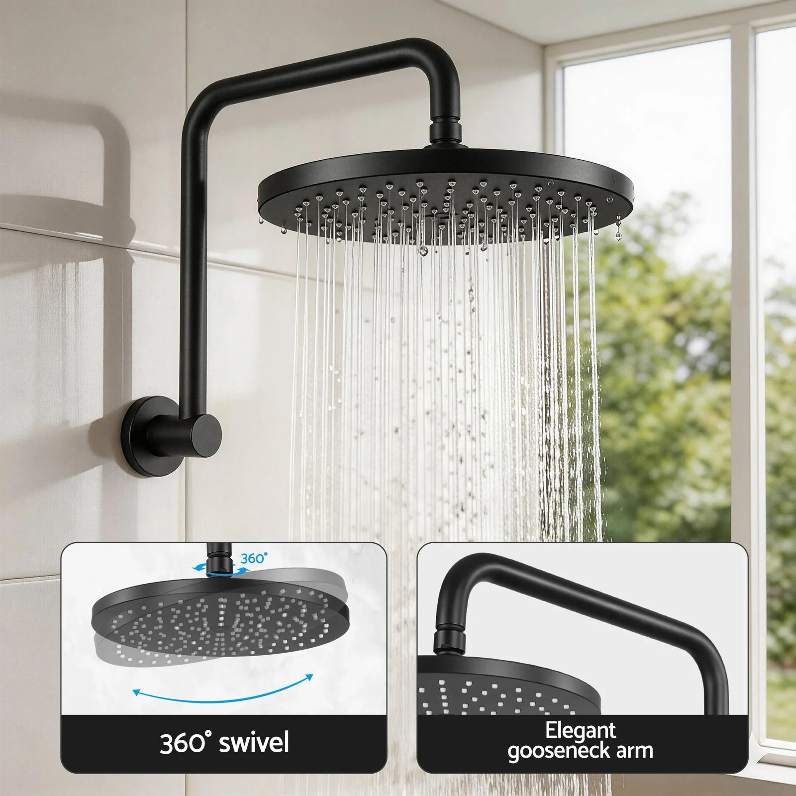 9'' Rain Overhead Swivel Shower Head with Wall Twin Swivel Bathroom Tap