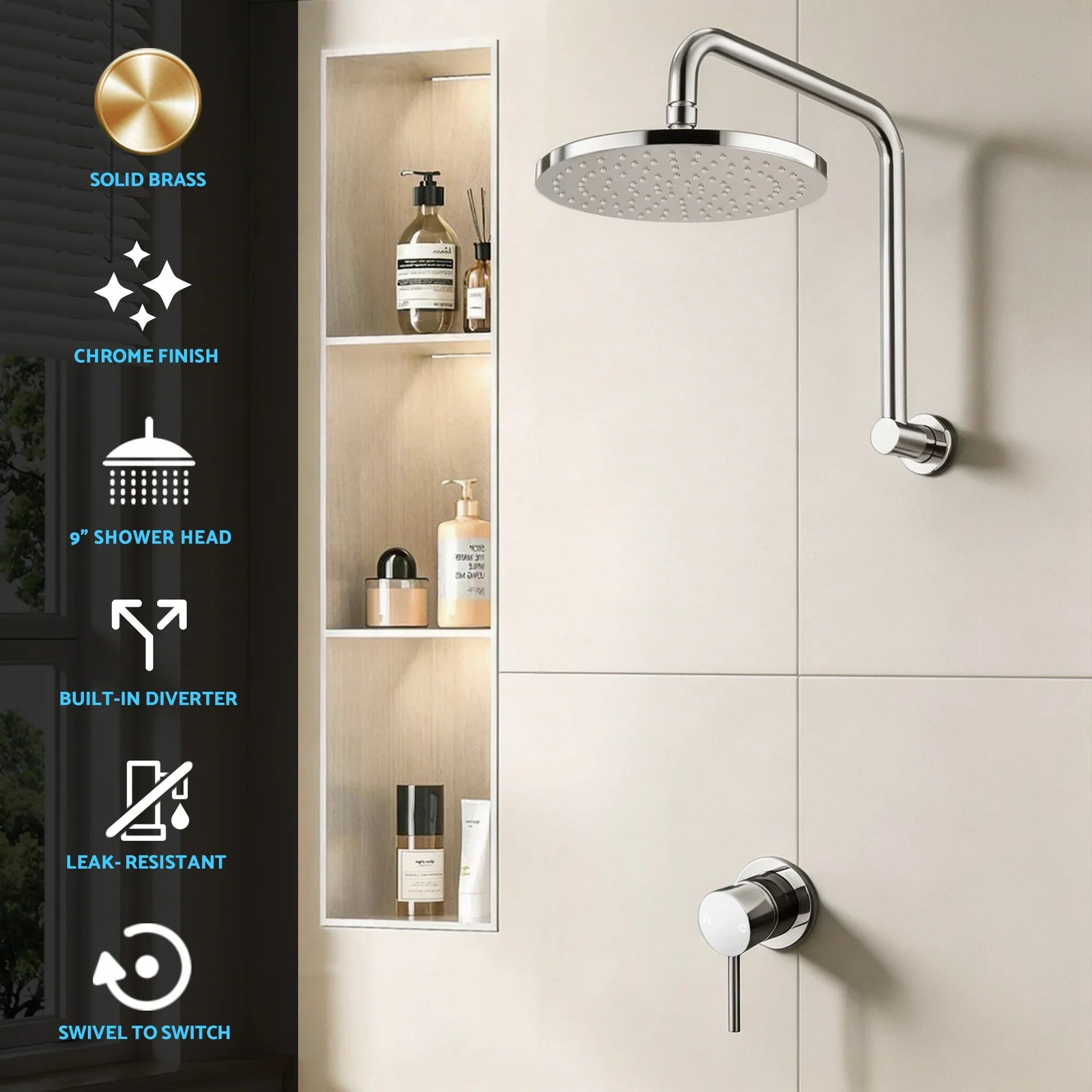 9'' Rain Overhead Swivel Shower Head with Wall Bathroom Mixer Silver