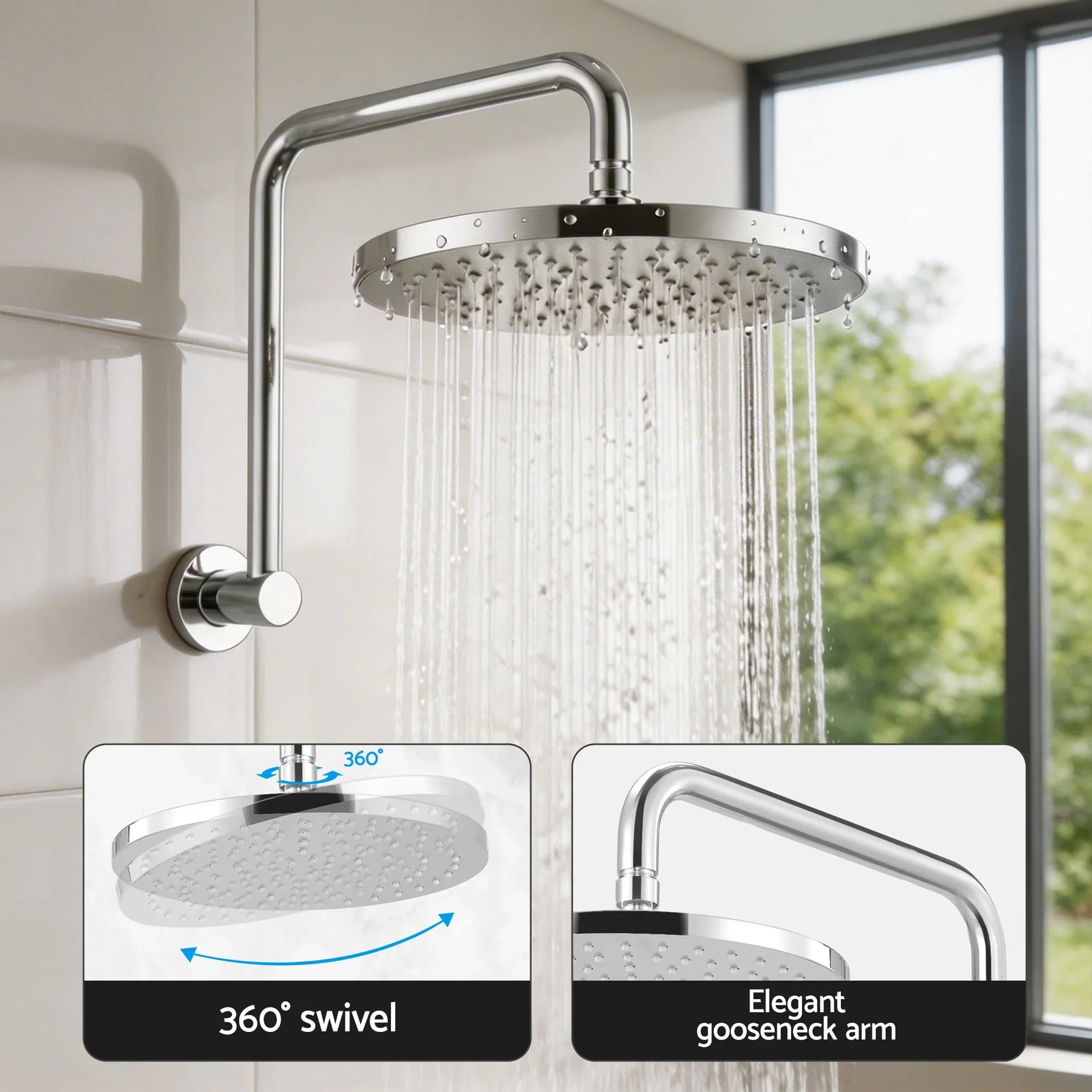 9'' Rain Overhead Swivel Shower Head with Wall Bathroom Mixer Silver
