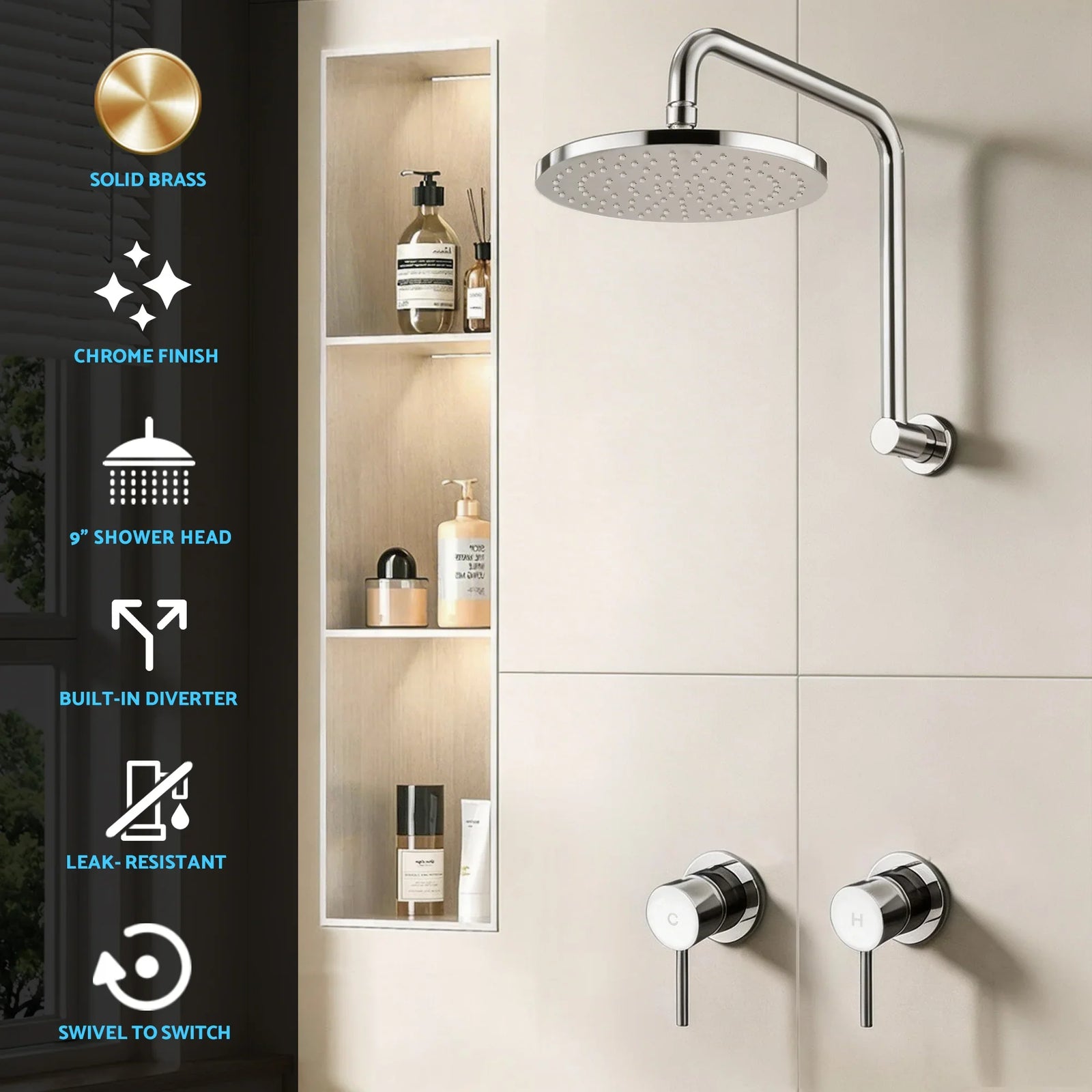 9'' Rain Overhead Swivel Shower Head with Wall Twin Swivel Bathroom Tap Silver