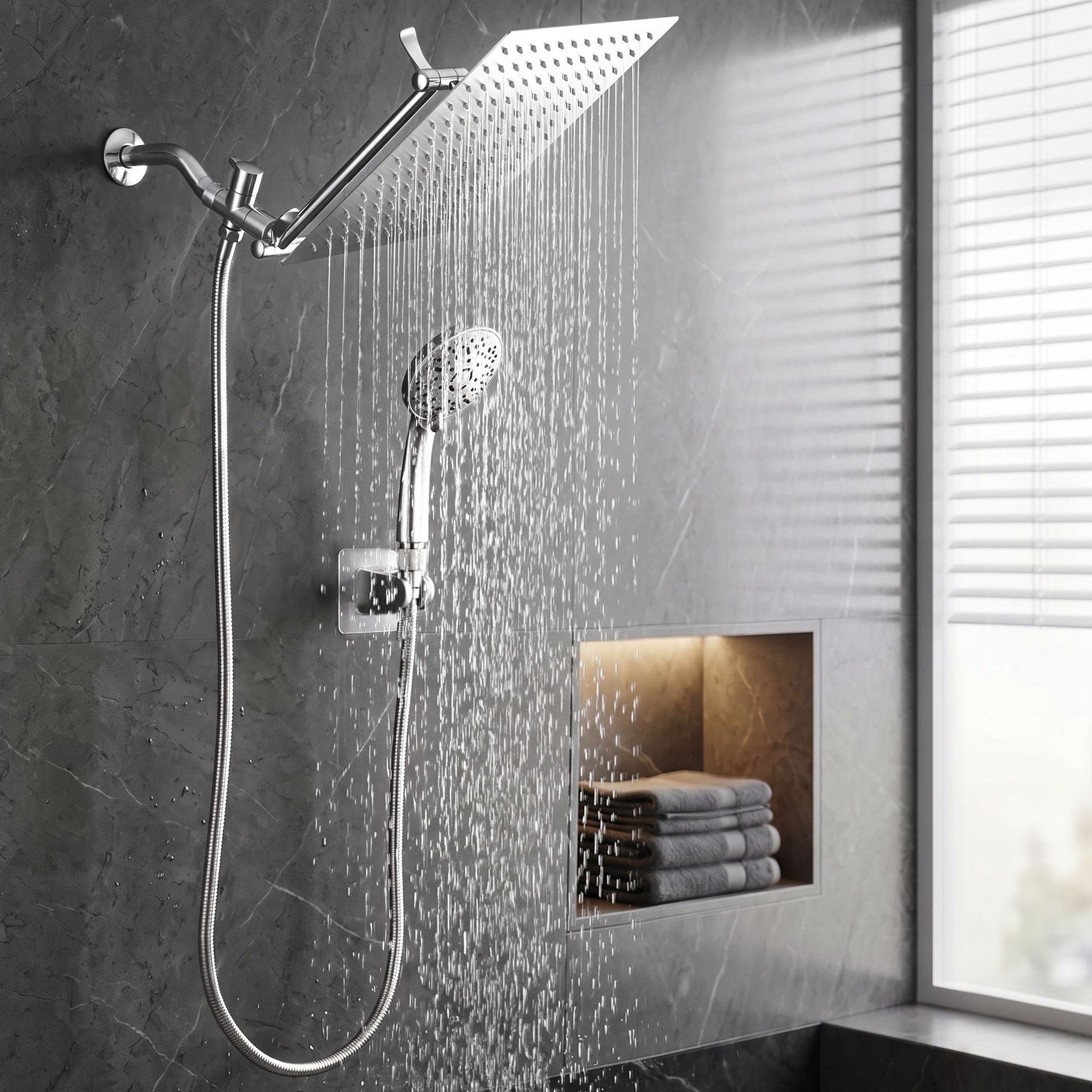 High-Pressure Rain Shower Head with Handheld, Gear-Lock Anti-Sag Arm for Family Spa, 12" Stainless Steel Rainfall & 9-Setting Wand Combo, 3-Way Diverter, Drill-Free Adhesive Bracket