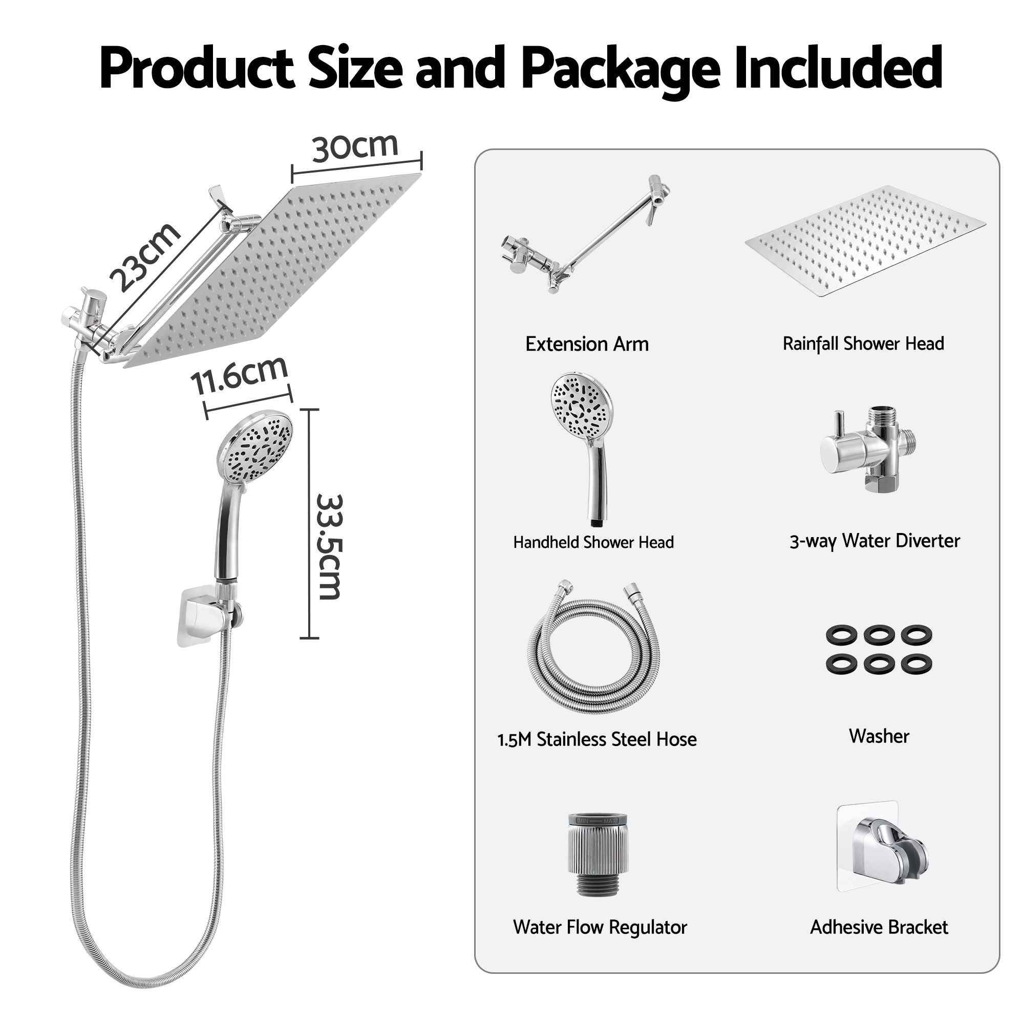 High-Pressure Rain Shower Head with Handheld, Gear-Lock Anti-Sag Arm for Family Spa, 12" Stainless Steel Rainfall & 9-Setting Wand Combo, 3-Way Diverter, Drill-Free Adhesive Bracket