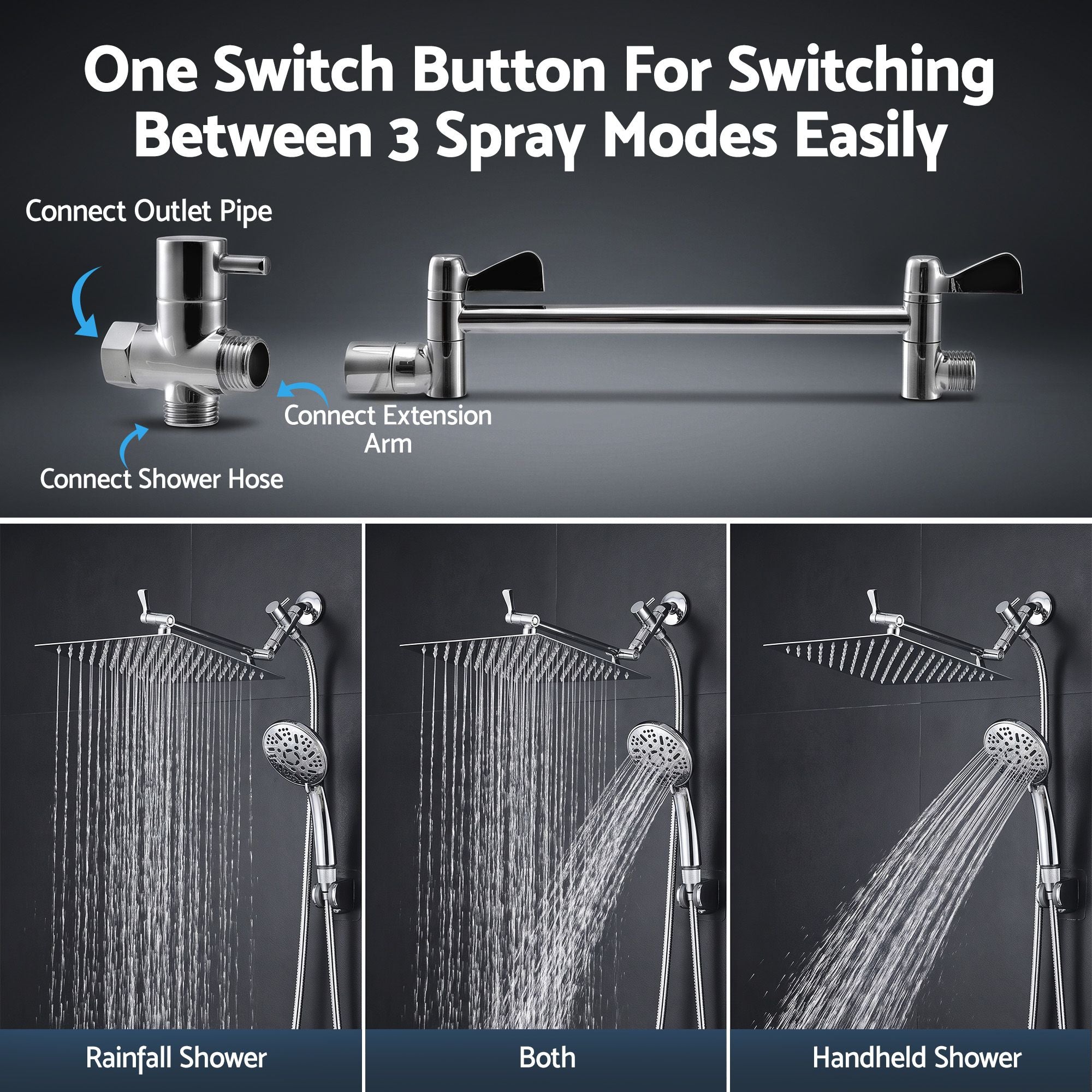 High-Pressure Rain Shower Head with Handheld, Gear-Lock Anti-Sag Arm for Family Spa, 12" Stainless Steel Rainfall & 9-Setting Wand Combo, 3-Way Diverter, Drill-Free Adhesive Bracket