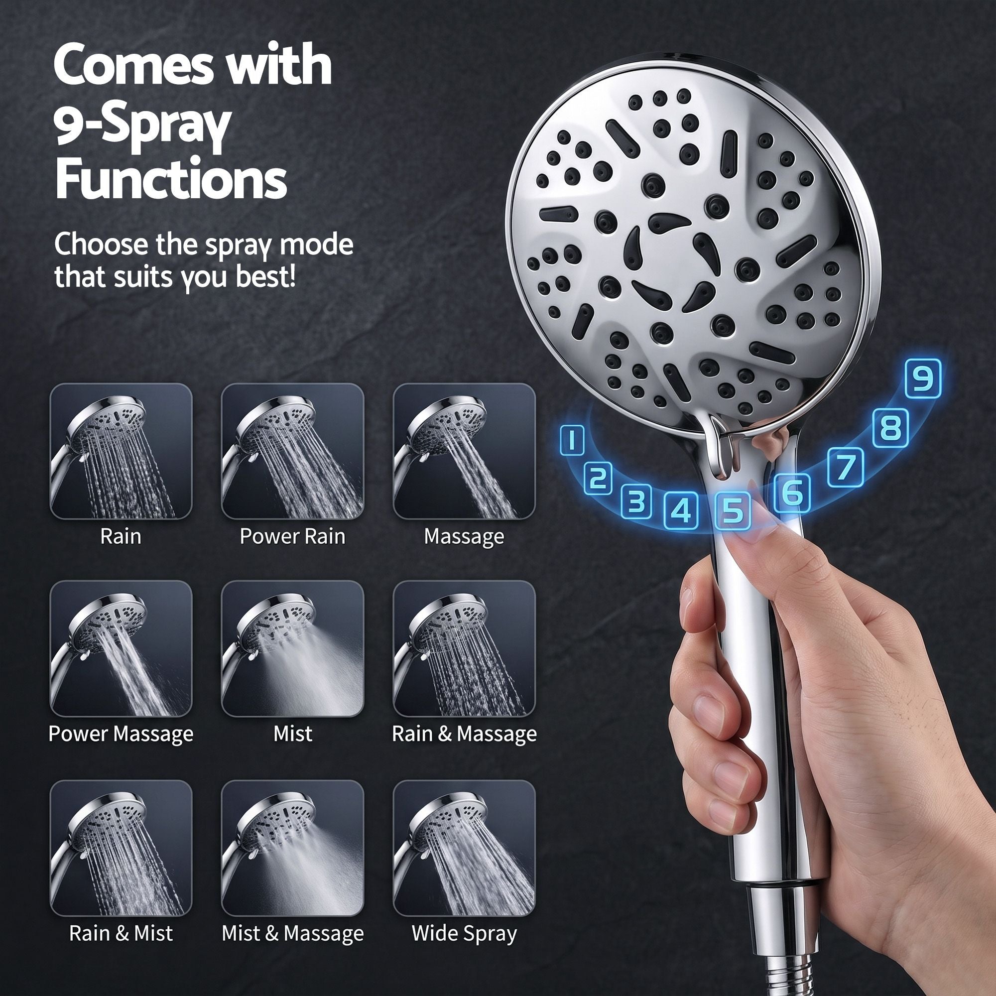 High-Pressure Rain Shower Head with Handheld, Gear-Lock Anti-Sag Arm for Family Spa, 12" Stainless Steel Rainfall & 9-Setting Wand Combo, 3-Way Diverter, Drill-Free Adhesive Bracket