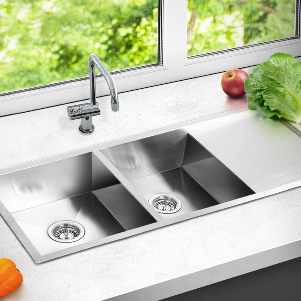Kitchen Sink 111X45CM Stainless Steel Basin Double Bowl Silver