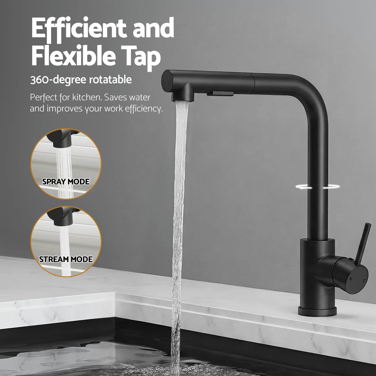 Stainless Steel Sink 30x45CM With Pull Out Mixer Tap Kitchen Basin Single Bowl Black
