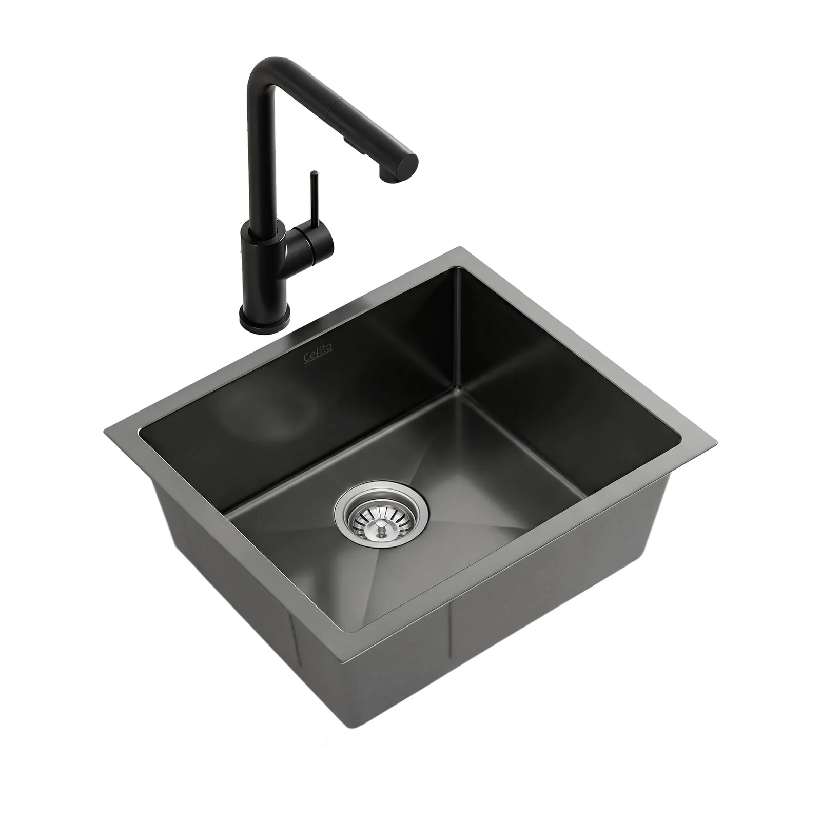 Stainless Steel Sink 44x44CM With Pull Out Mixer Tap Kitchen Basin Single Bowl Black