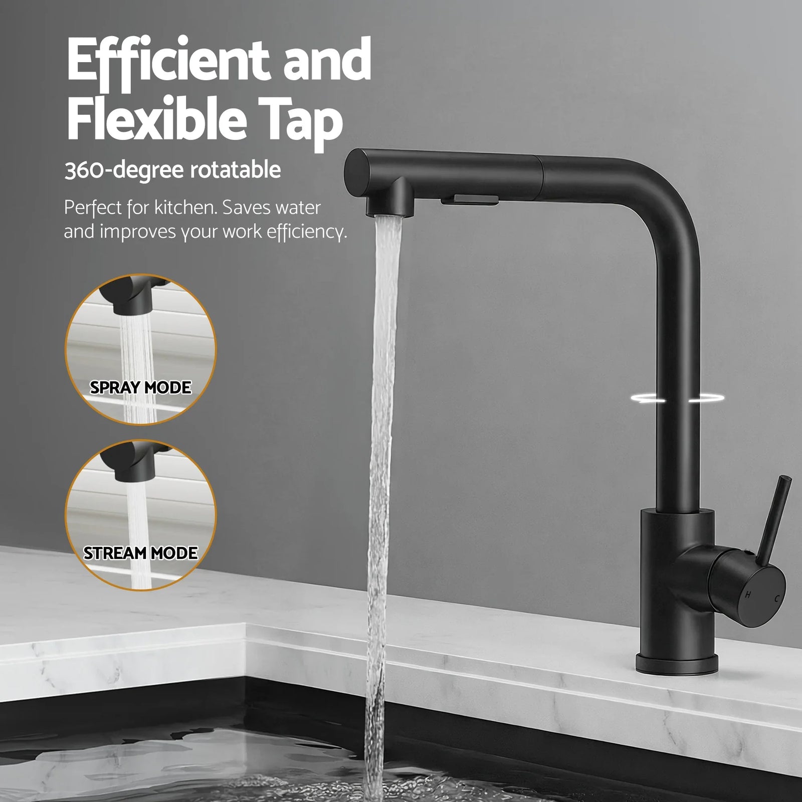 Stainless Steel Sink 60x45CM With Pull Out Mixer Tap Kitchen Basin Single Bowl Black