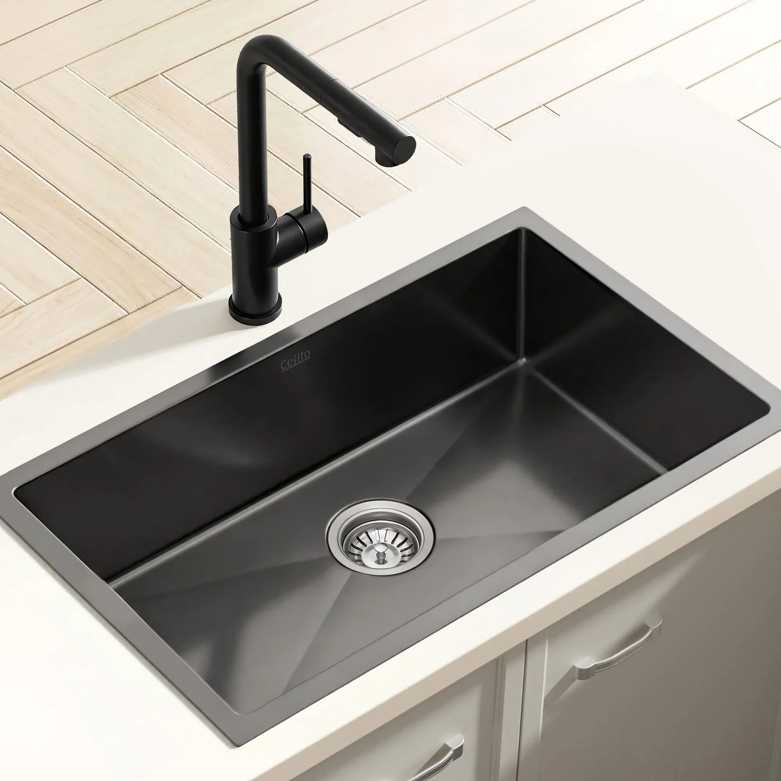 Stainless Steel Sink 60x45CM With Pull Out Mixer Tap Kitchen Basin Single Bowl Black