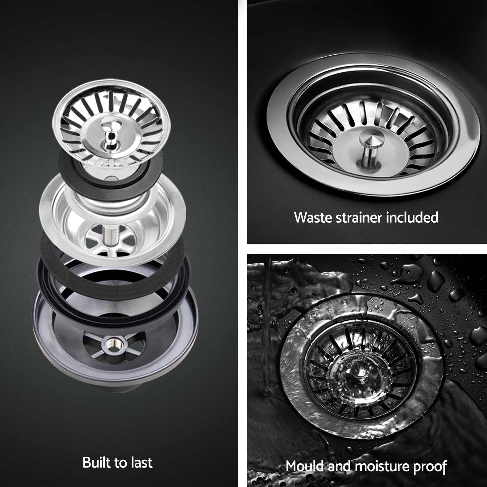 75x45cm 304 Stainless Steel Kitchen Sink Single Bowl Black Nano Coated