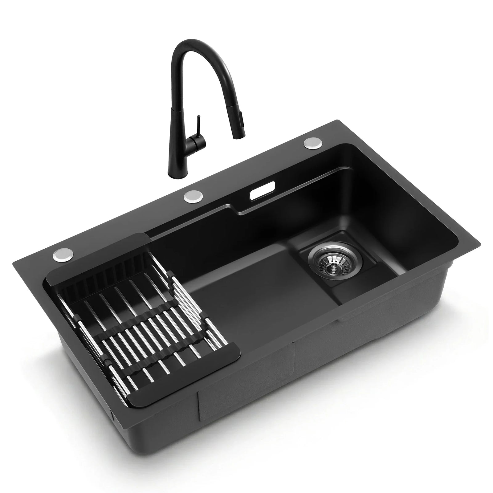 Stainless Steel Sink 75x45CM With Pull Out Mixer Tap Kitchen Basin Single Bowl Black