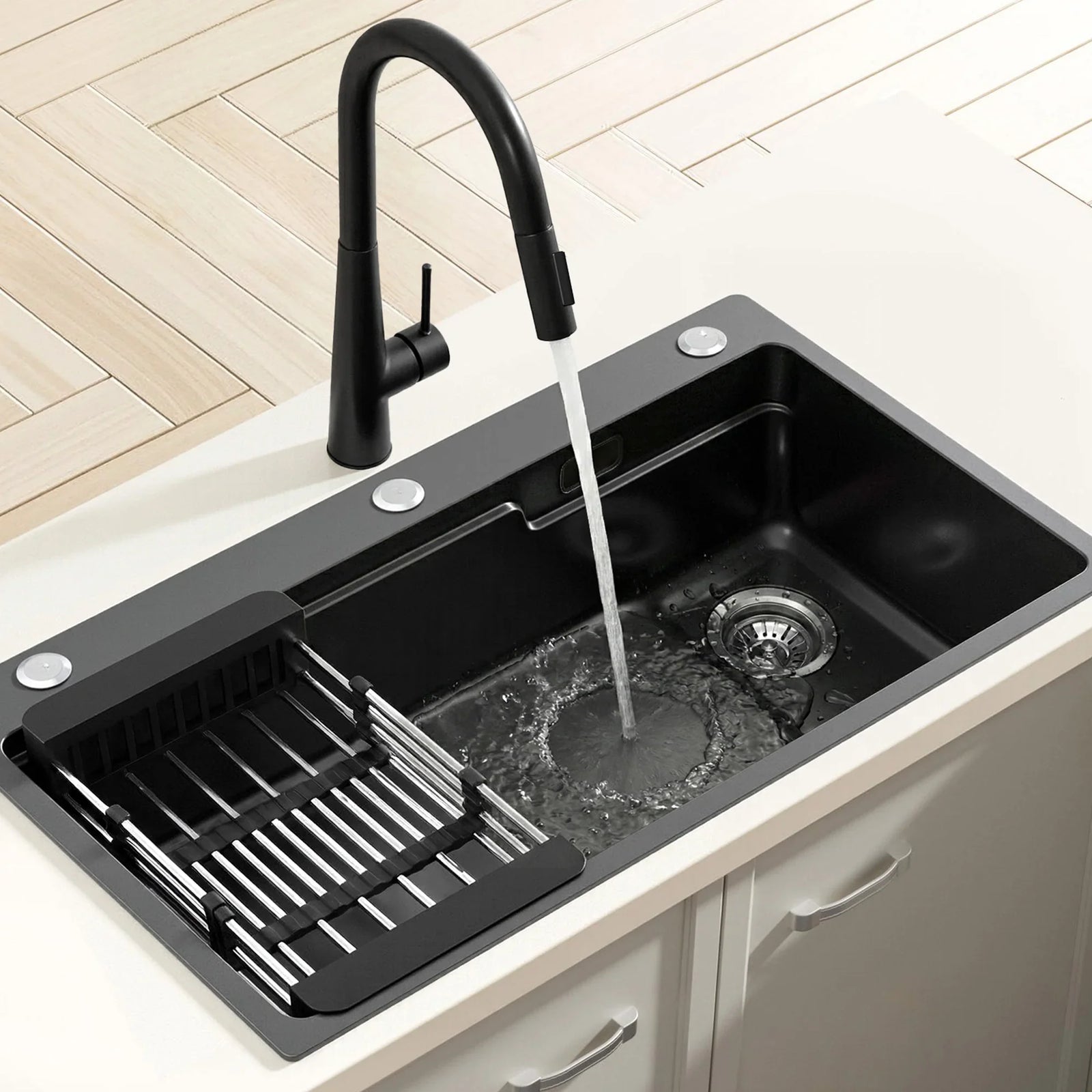 Stainless Steel Sink 75x45CM With Pull Out Mixer Tap Kitchen Basin Single Bowl Black