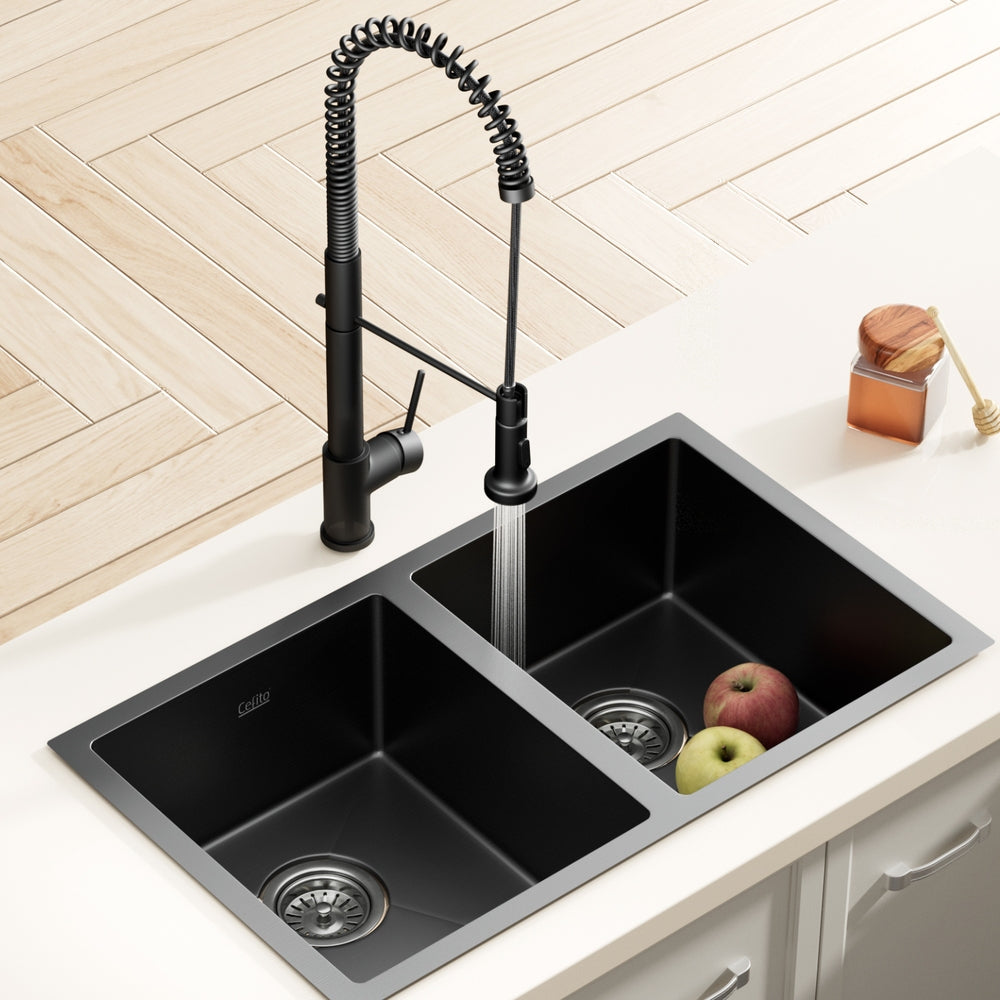 Cefito Stainless Steel Sink 77x45CM With Pull Out Mixer Tap Kitchen Double Bowl Black