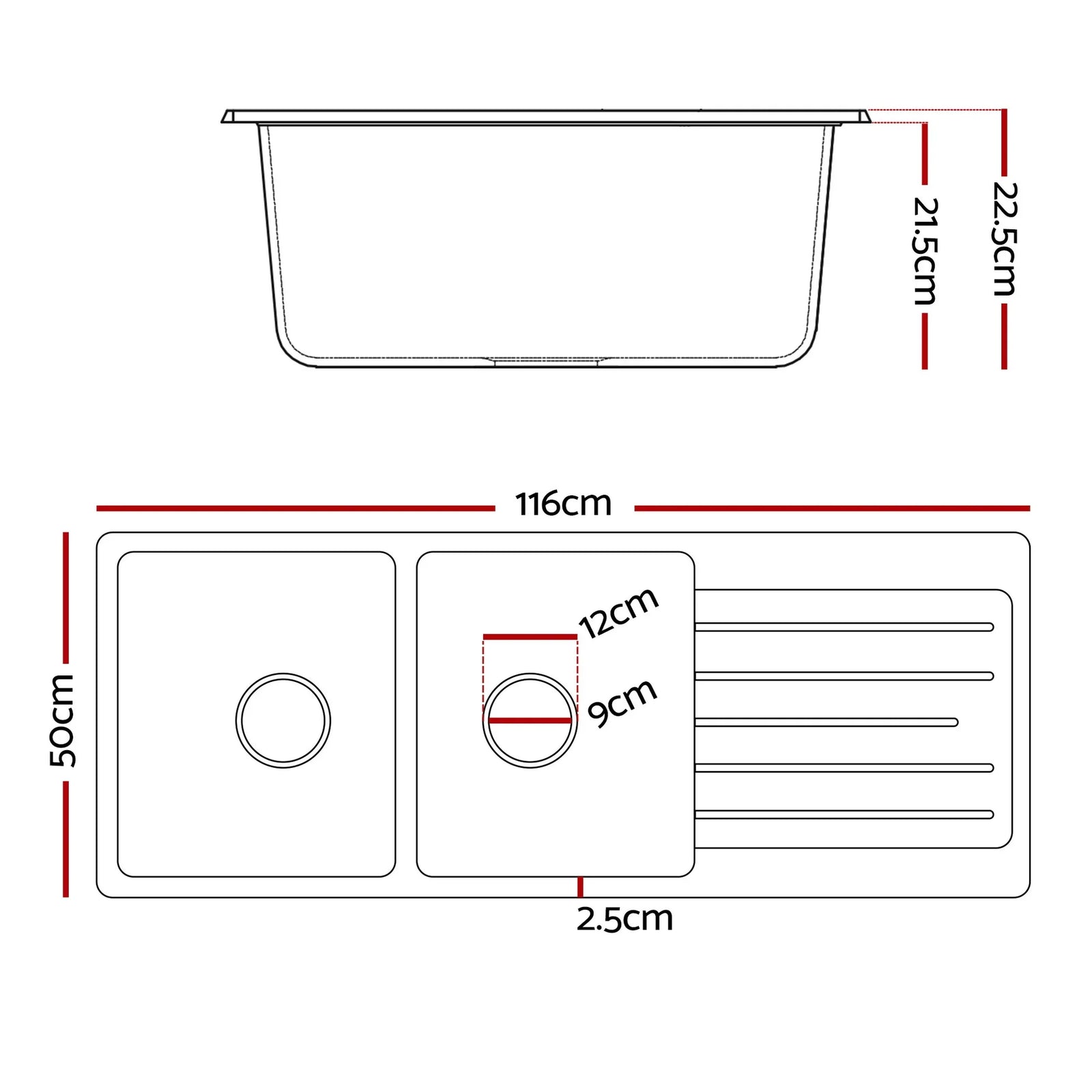Kitchen Sink 116x50cm Granite Stone Sink Double Bowl Black
