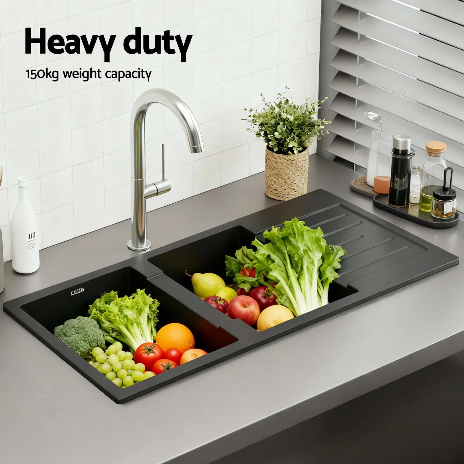 Kitchen Sink 116x50cm Granite Stone Sink Double Bowl Black