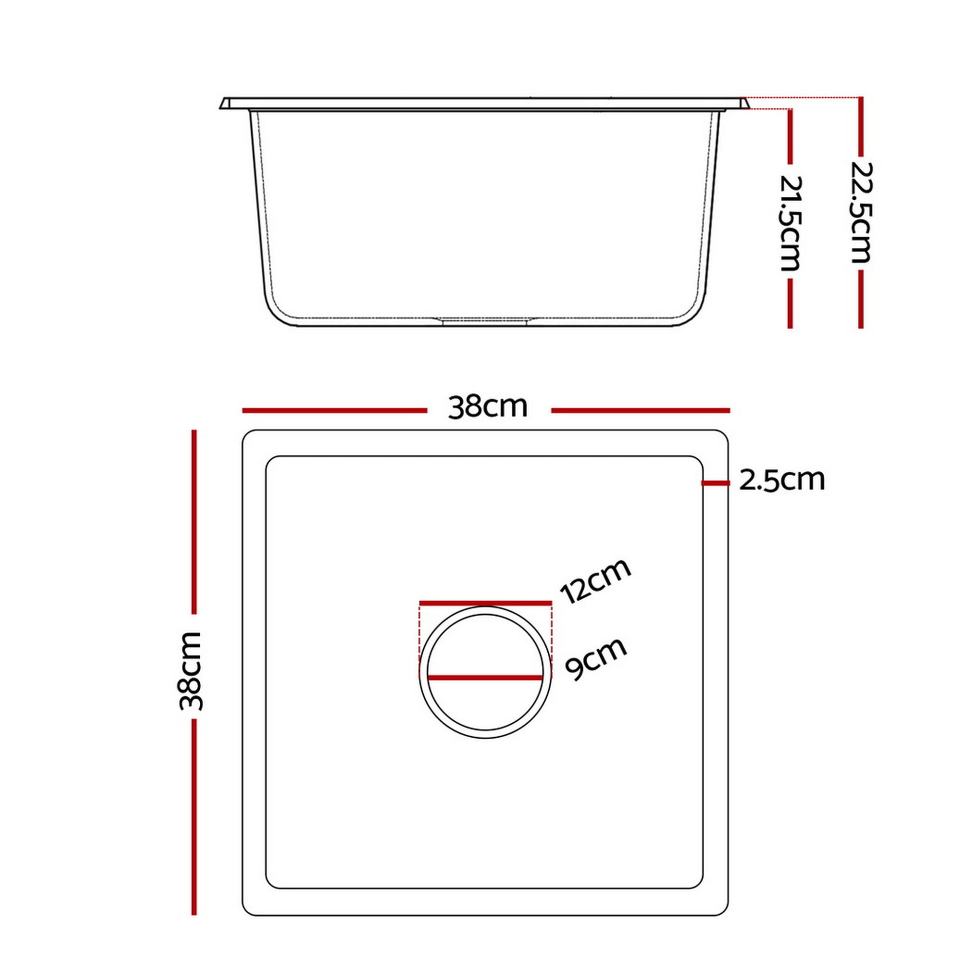 Kitchen Sink 38x38cm Granite Stone Sink Single Bowl Black