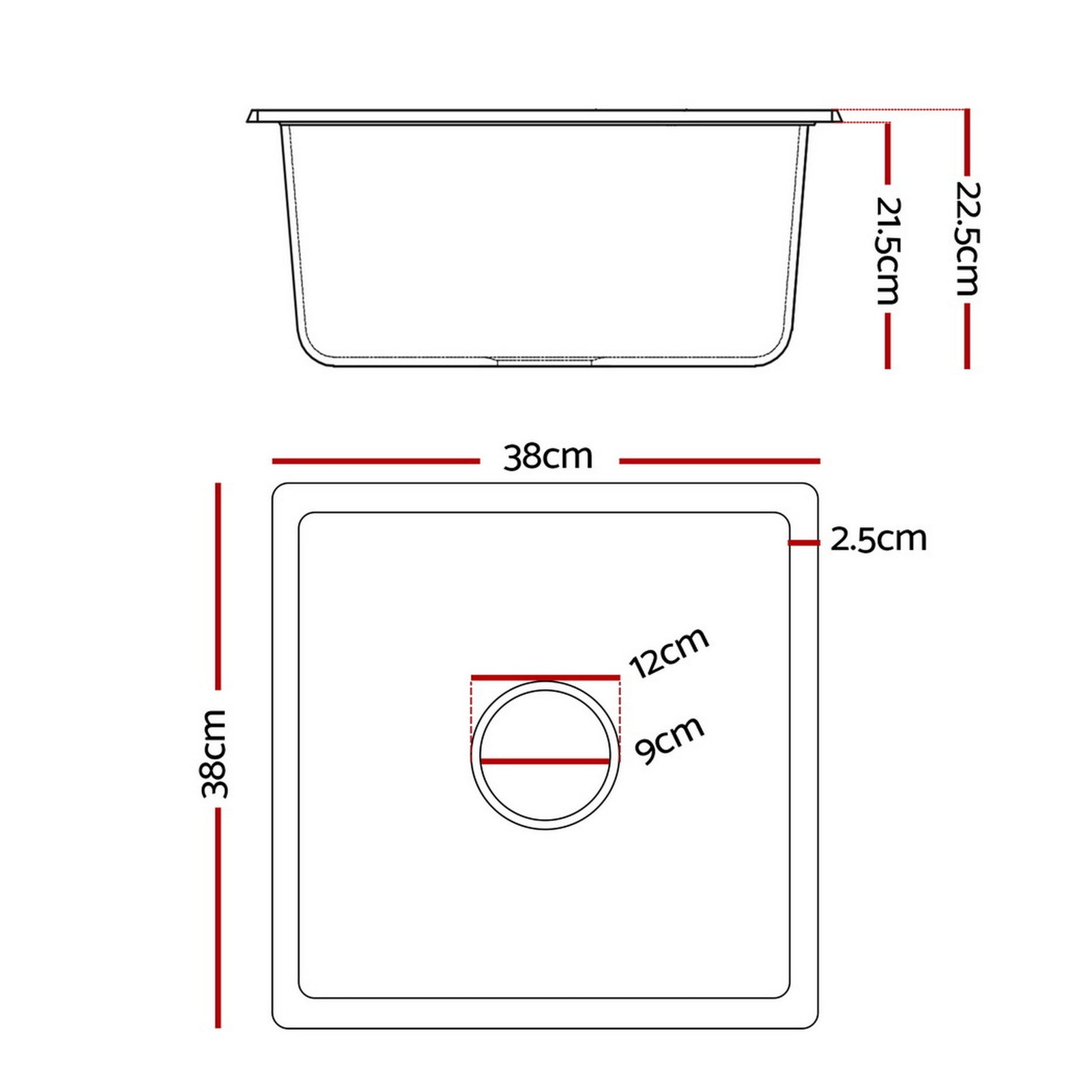 Kitchen Sink 38x38cm Granite Stone Sink Single Bowl Black