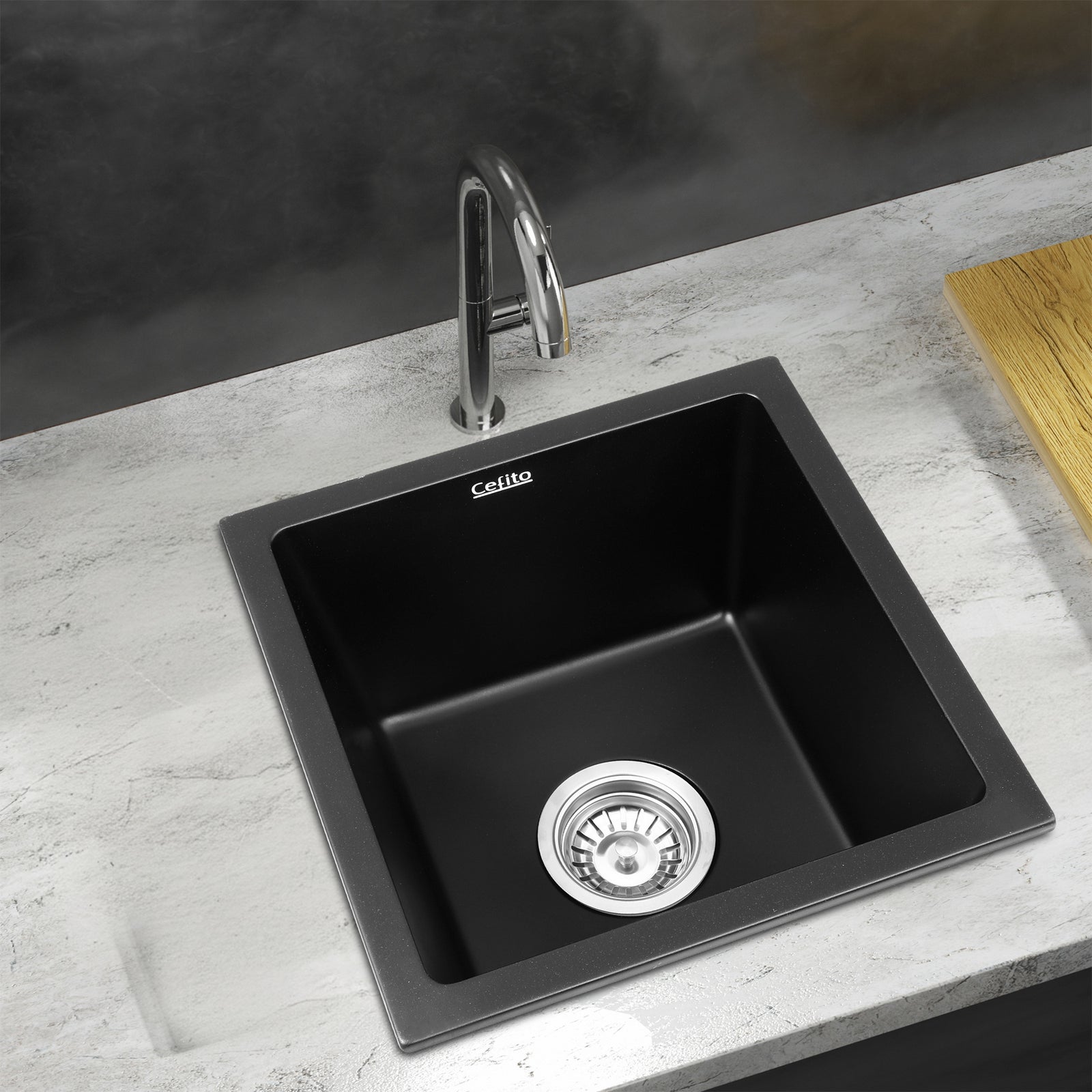 Kitchen Sink 38x38cm Granite Stone Sink Single Bowl Black