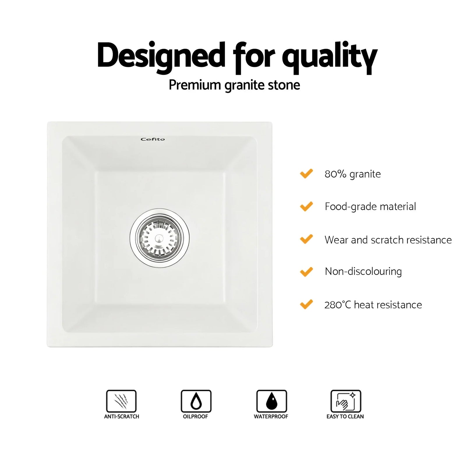 Kitchen Sink 38x38cm Granite Stone Sink Single Bowl White