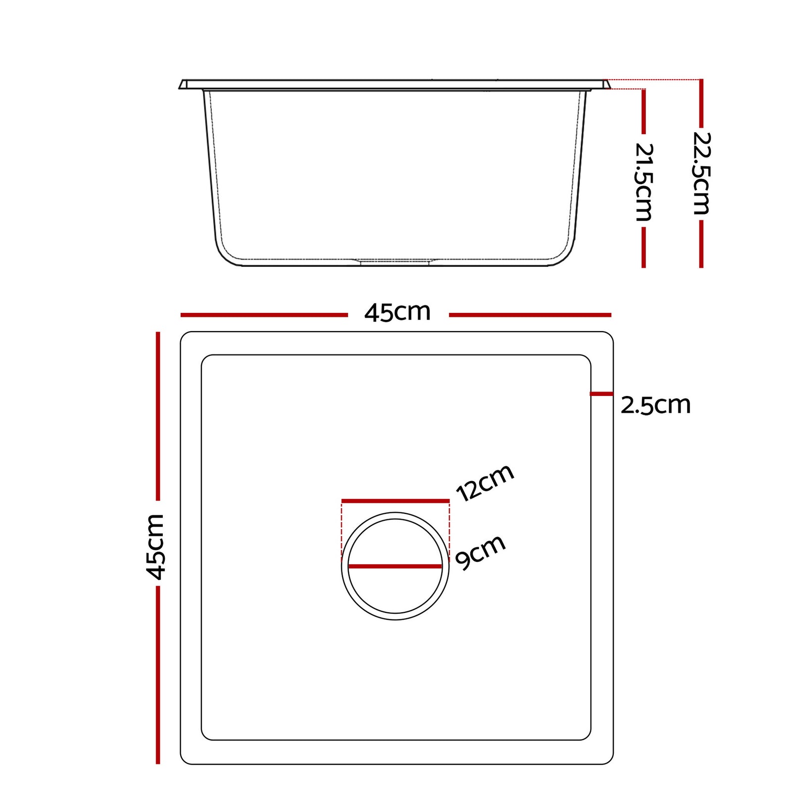 Kitchen Sink 45x45cm Granite Stone Sink Single Bowl Black