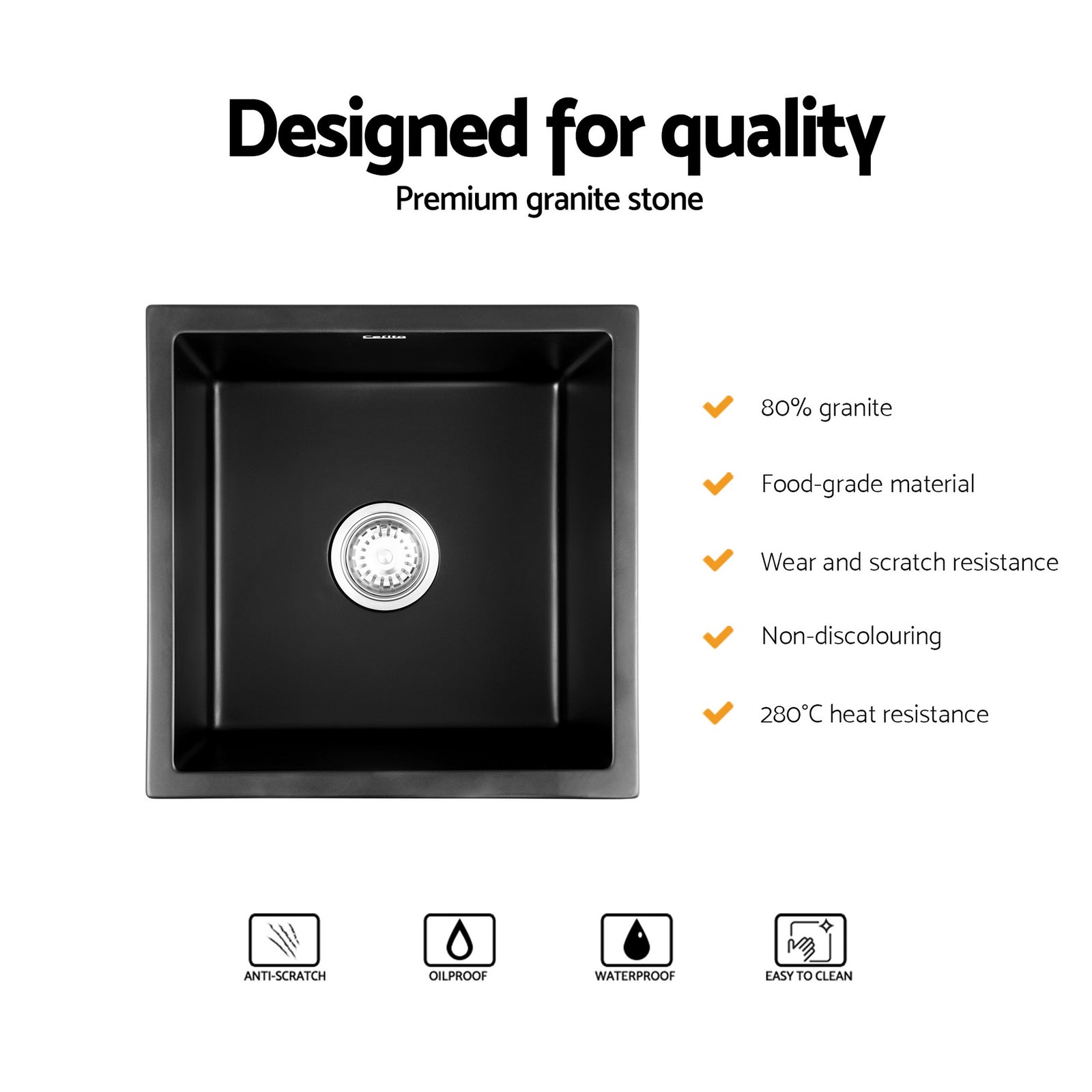 Kitchen Sink 45x45cm Granite Stone Sink Single Bowl Black