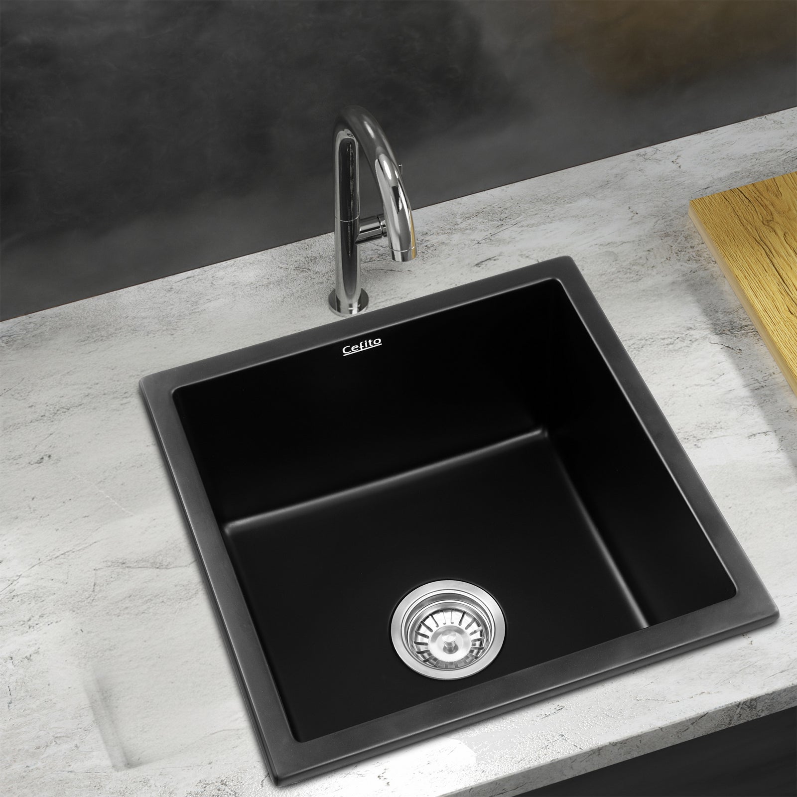 Kitchen Sink 45x45cm Granite Stone Sink Single Bowl Black