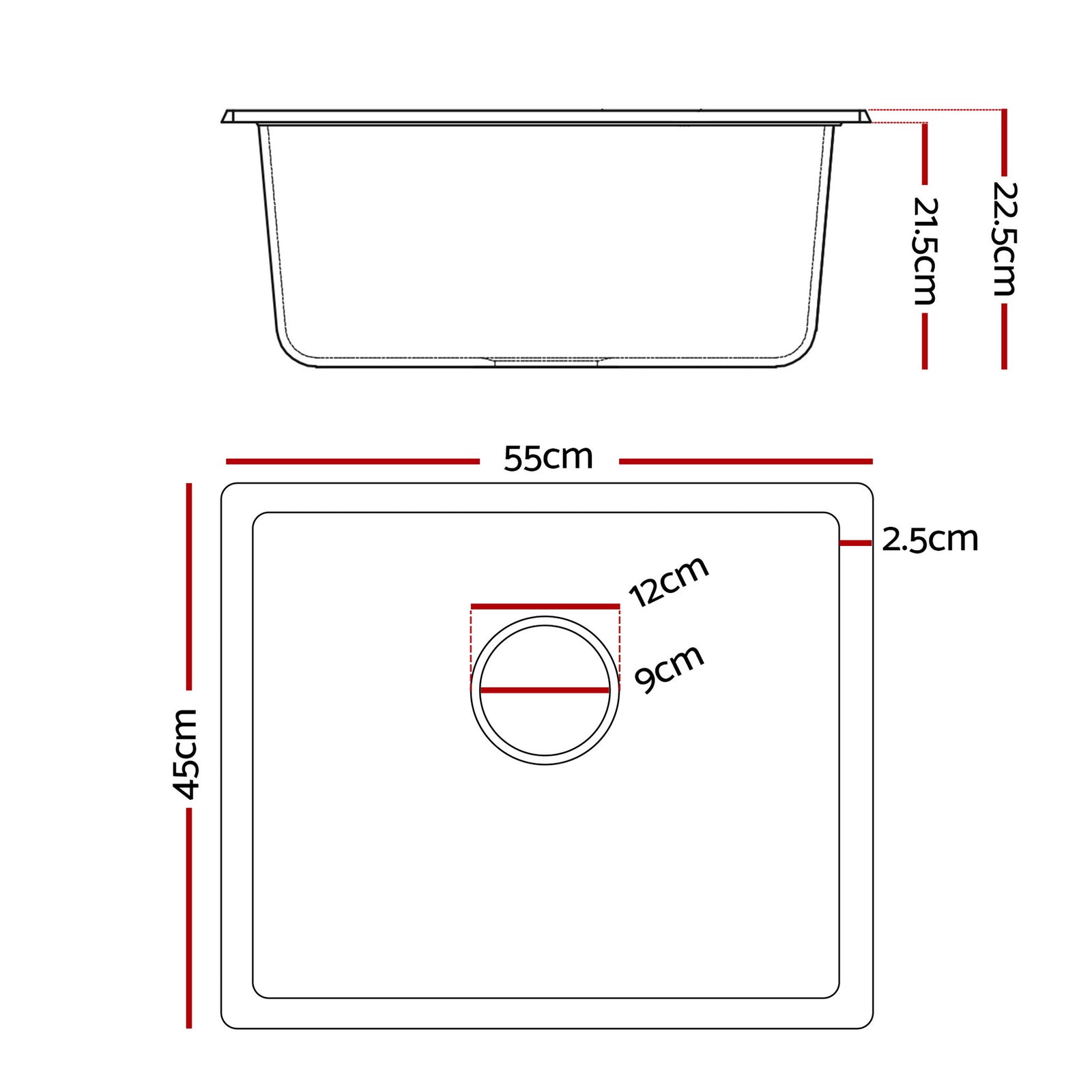 Kitchen Sink 55x45cm Granite Stone Sink Single Bowl Black
