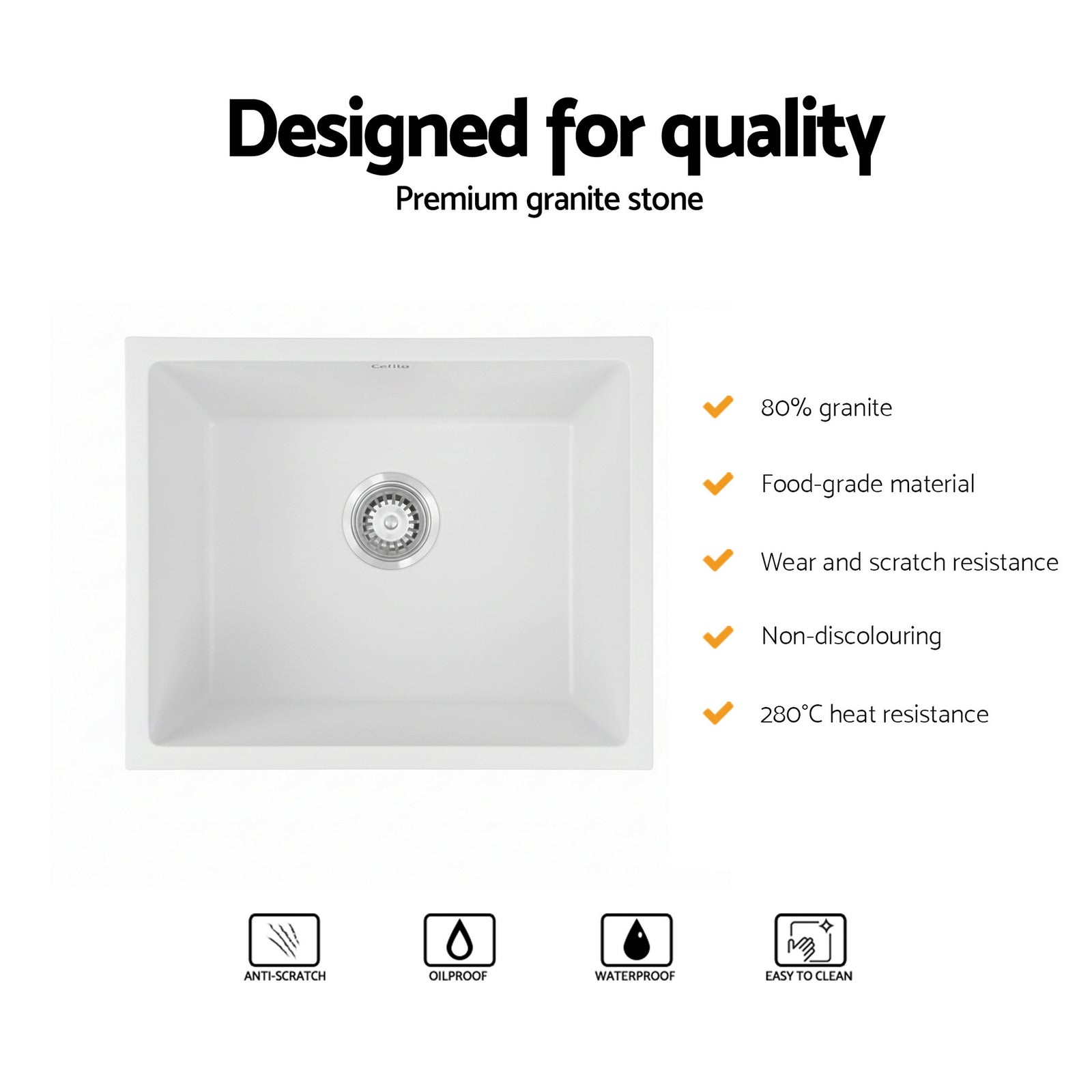 Kitchen Sink 55x45cm Granite Stone Sink Single Bowl White