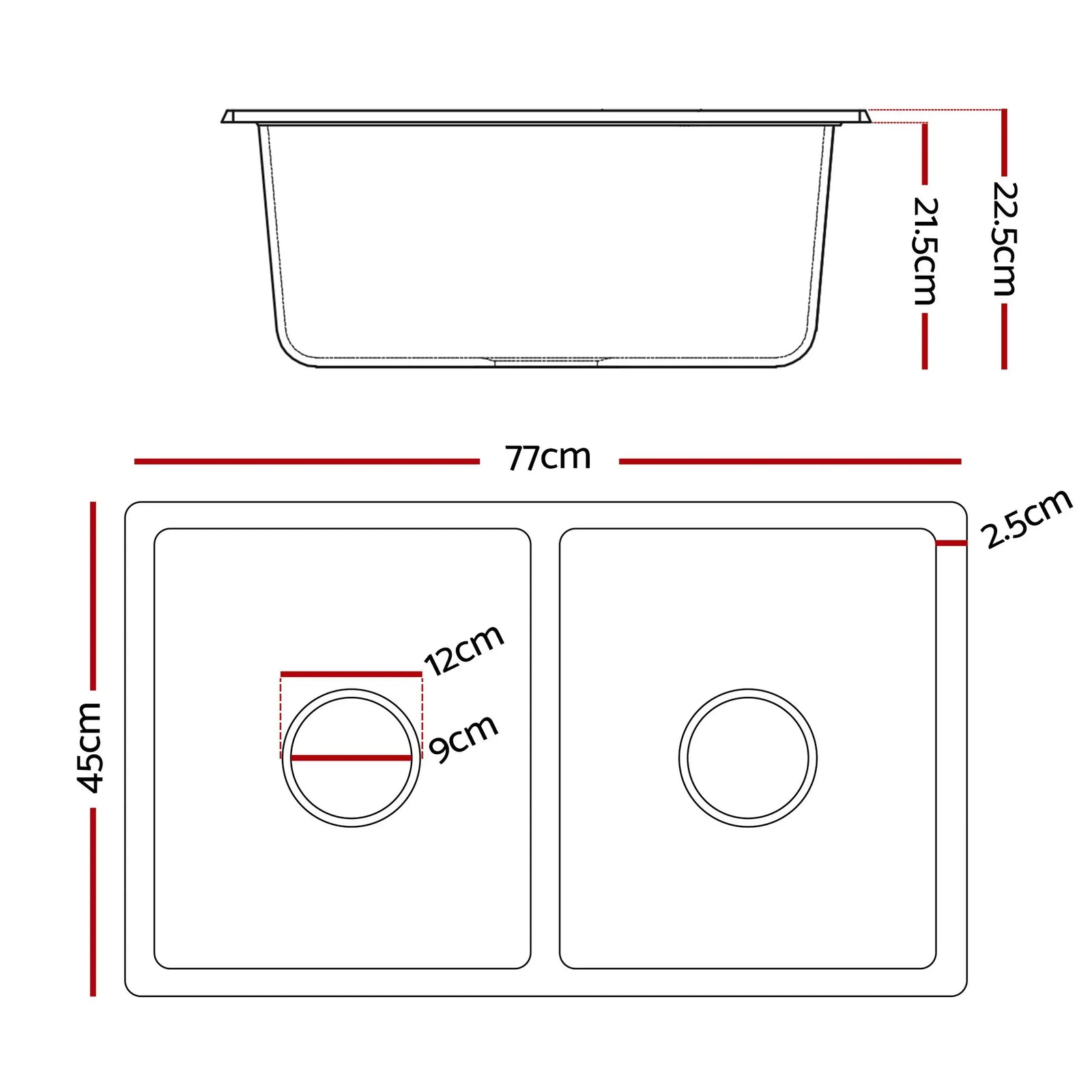 Kitchen Sink 77x45cm Granite Stone Sink Double Bowl Black