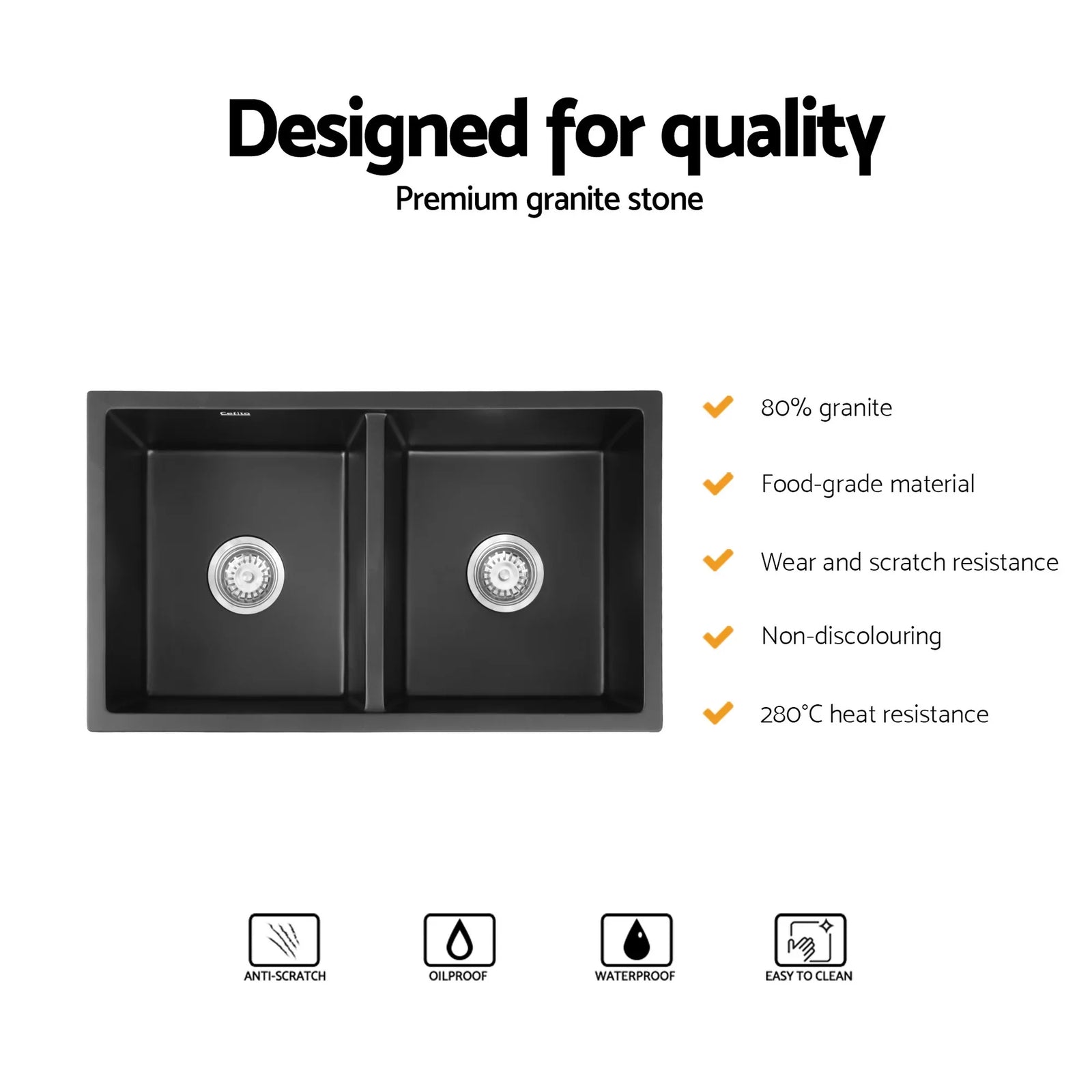 Kitchen Sink 77x45cm Granite Stone Sink Double Bowl Black