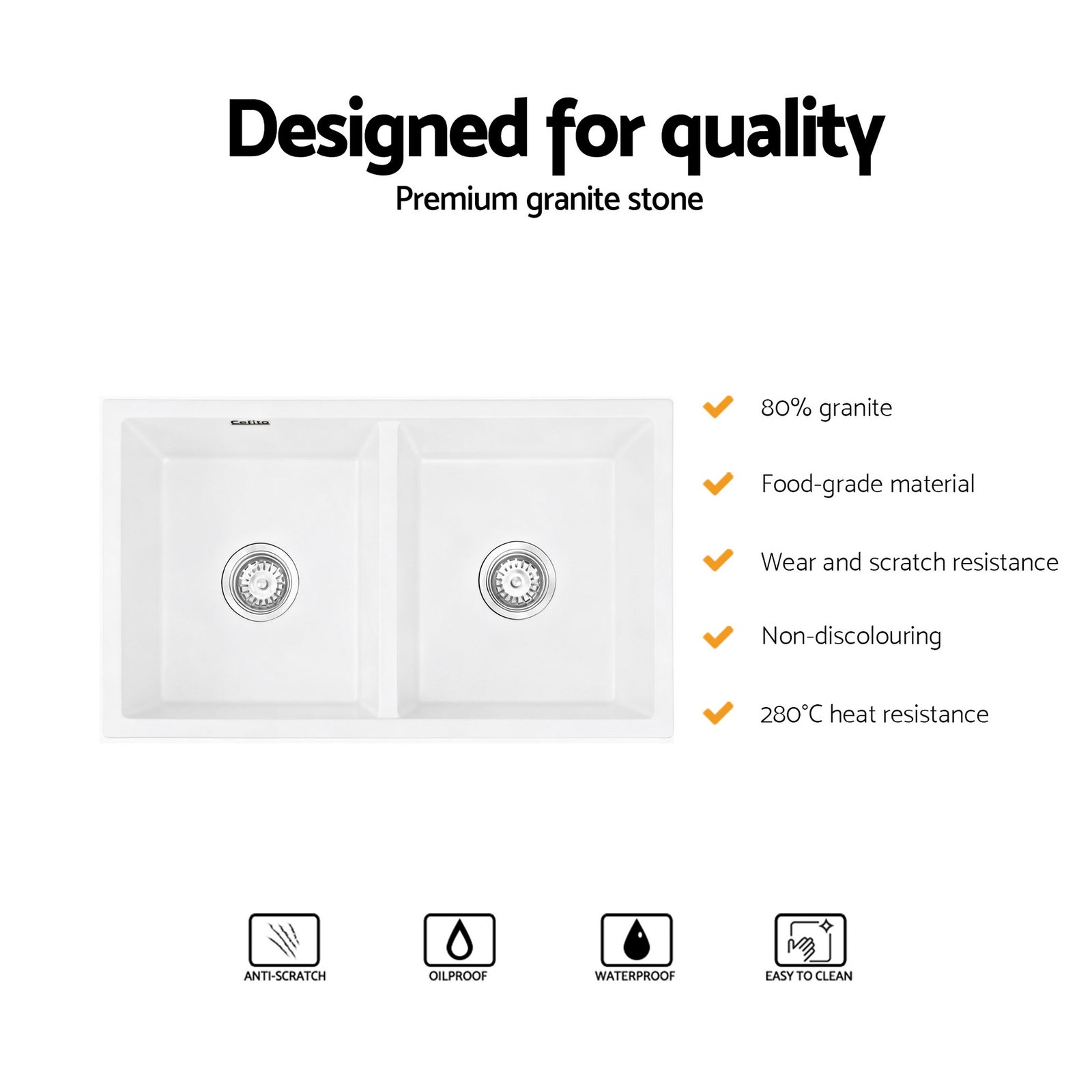 Kitchen Sink 77x45cm Granite Stone Sink Double Bowl White