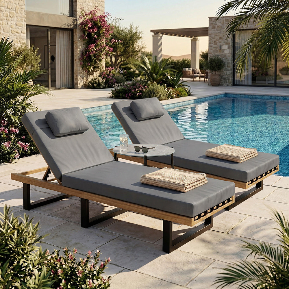 Livsip 3‑Piece Sun Lounge Set – Grey, 5‑Level Recline, Cushions & Table