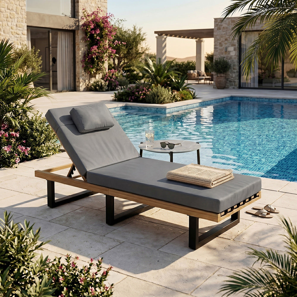 Livsip Sun Lounge Set with Table – Grey, Cushioned, 5‑Level Recline